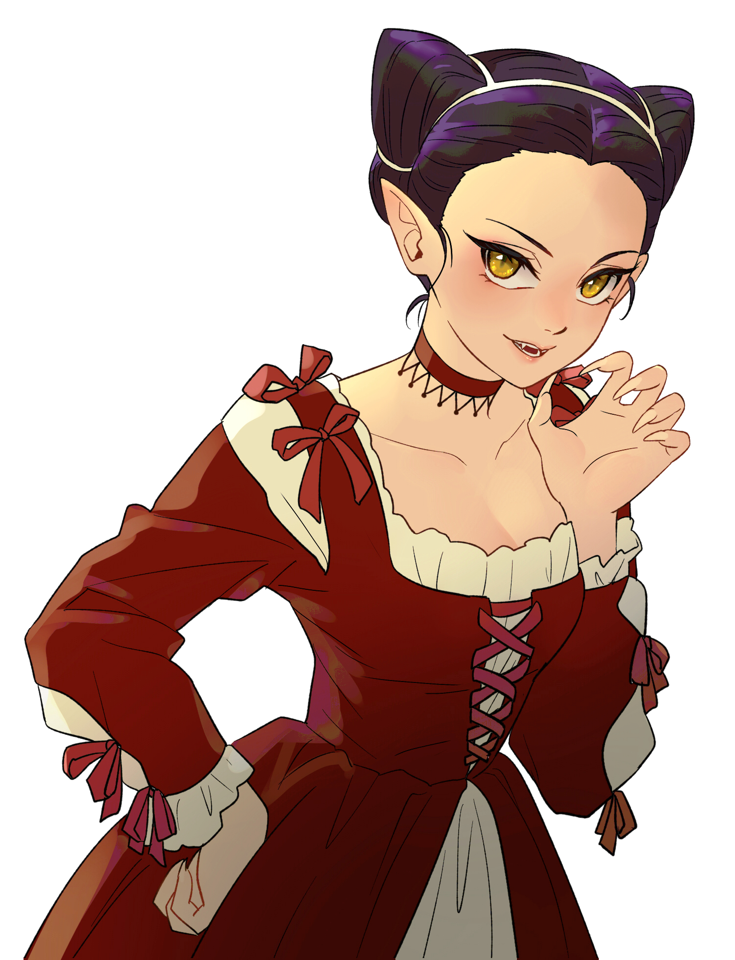 silanduqiaocui, nekomusume, nekomusume (gegege no kitarou 6), gegege no kitarou, gegege no kitarou 6, 1girl, bow, breasts, cat girl, choker, cleavage, double bun, dress, fingernails, hair bun, pointy ears, purple hair, red dress, sharp fingernails, sharp teeth, teeth, yellow eyes