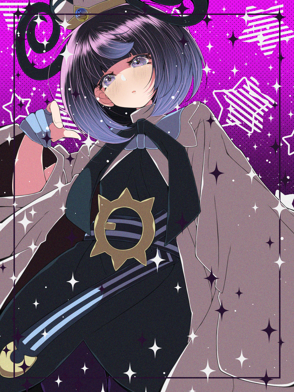 fujiwara hiro (kaede ciao), gwynn (pokemon), nintendo, pokemon, pokemon legends: z-a, highres, 1girl, blue gloves, blunt bangs, bob cut, coat, dress, gloves, hat, long sleeves, open clothes, purple eyes, purple hair, short hair, solo, white coat