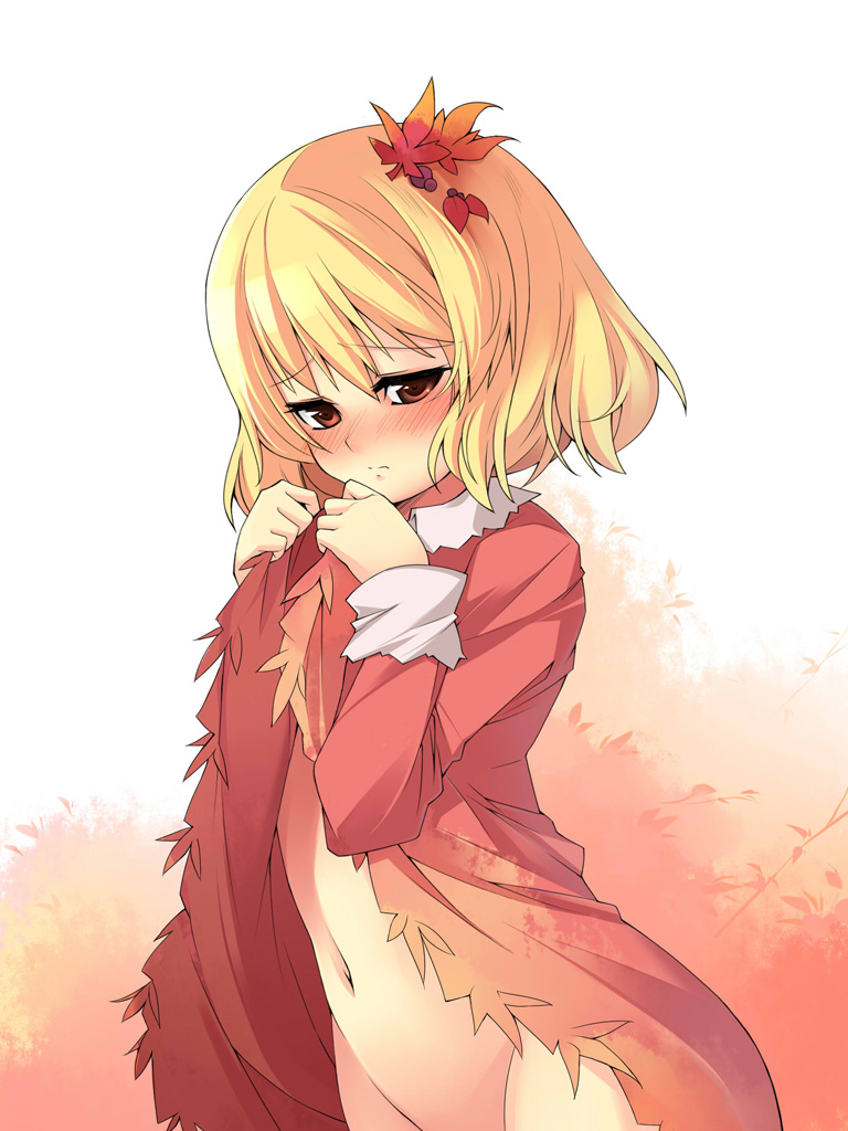 beihan, kokka han, aki shizuha, touhou, 1girl, belly, blonde hair, blush, brown eyes, clothes lift, dress, dress lift, female focus, groin, hair ornament, leaf, leaf hair ornament, navel, no panties, red eyes, short hair, solo, stomach