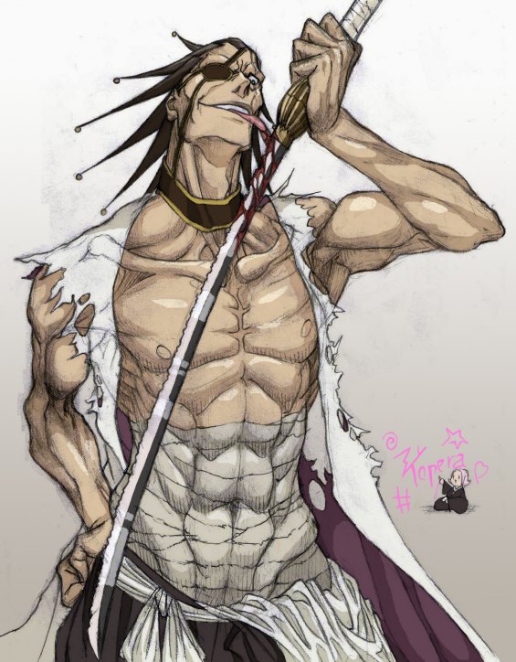 kusajishi yachiru, zaraki kenpachi, bleach, md5 mismatch, resized, traditional media, 00s, 1boy, 1girl, abs, bandages, black hair, blood, eyepatch, haori, japanese clothes, licking, manly, muscular, pink hair, scar, spiked hair, sword, taichou haori, tongue, tongue out, torn clothes, weapon