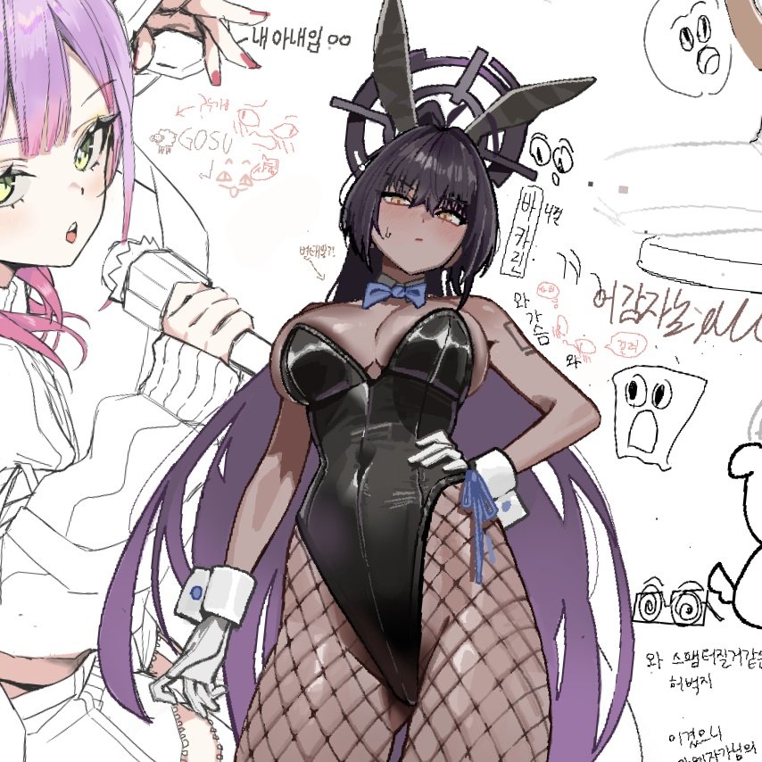 anyak05, karin (blue archive), karin (bunny) (blue archive), blue archive, character request, 2girls, animal ears, black leotard, bow, bowtie, dark-skinned female, dark skin, fake animal ears, fishnet pantyhose, fishnets, halo, leotard, multiple girls, number tattoo, official alternate costume, pantyhose, playboy bunny, purple halo, rabbit ears, tattoo, traditional bowtie