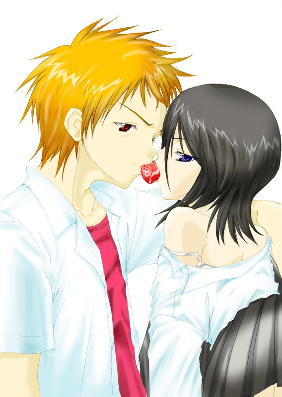 kuchiki rukia, kurosaki ichigo, bleach, 00s, 1boy, 1girl, bare shoulders, black hair, blue eyes, bra, brown eyes, couple, food, fruit, hetero, lingerie, mouth hold, name connection, object namesake, off shoulder, orange hair, red eyes, saliva, school uniform, short hair, strap slip, strawberry, underwear