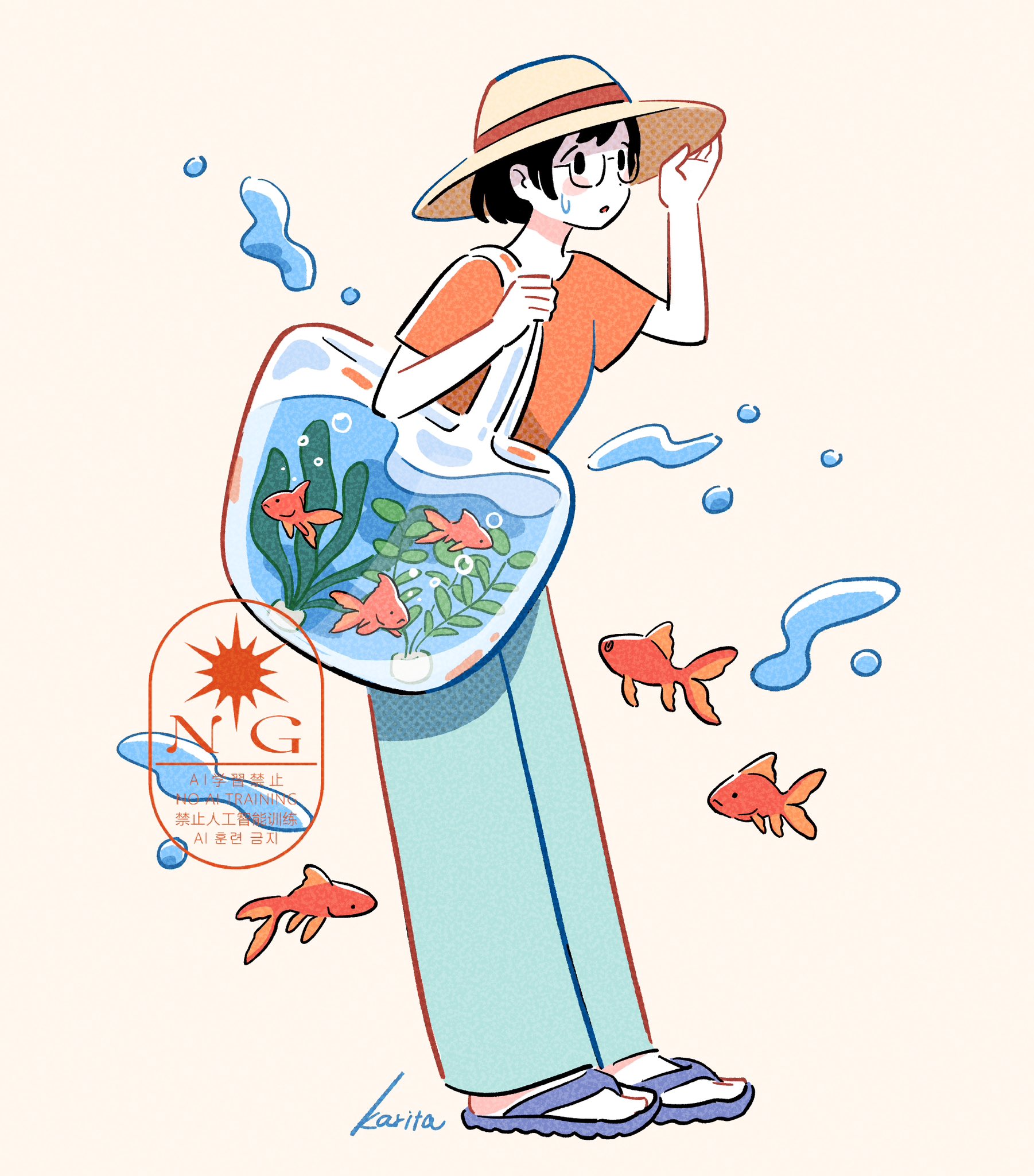 gesooo 4, original, commentary, highres, 1girl, adjusting clothes, adjusting headwear, artist name, bag, black eyes, black hair, blue sandals, blush, fish, flip-flops, floating, from side, full body, glasses, goldfish, hat, open mouth, orange shirt, pants, sandals, see-through bag, shirt, short hair, sidelocks, simple background, solid oval eyes, solo, standing, sun hat, sweat, t-shirt, water, watermark, wide-leg pants