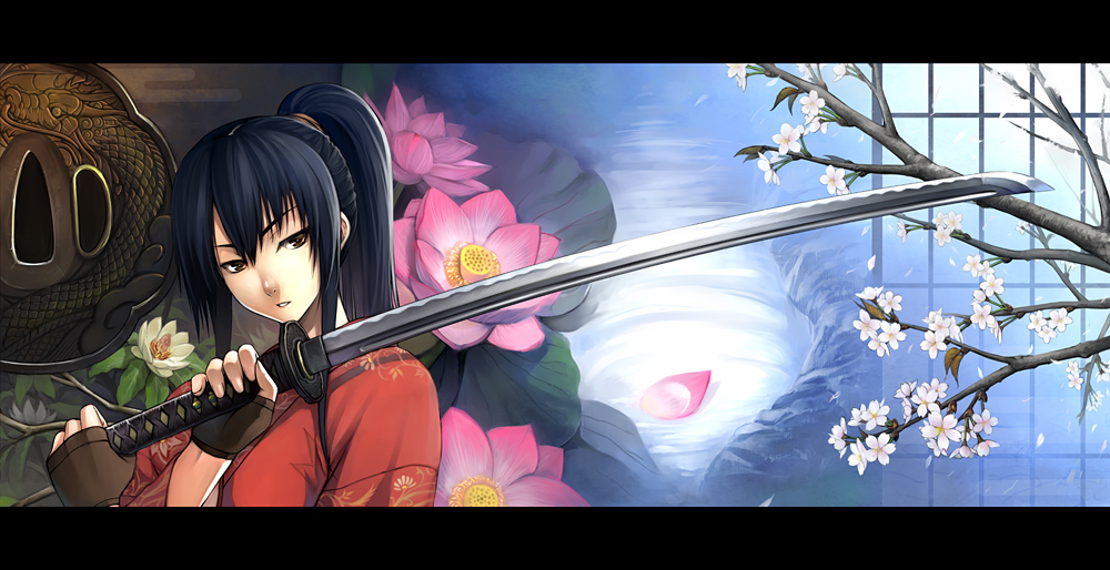 kurojishi, original, bad id, bad pixiv id, long image, wide image, 1girl, black hair, branch, brown eyes, female focus, fingerless gloves, flower, gloves, japanese clothes, katana, letterboxed, lotus, ponytail, sliding doors, solo, sword, tree, upper body, weapon