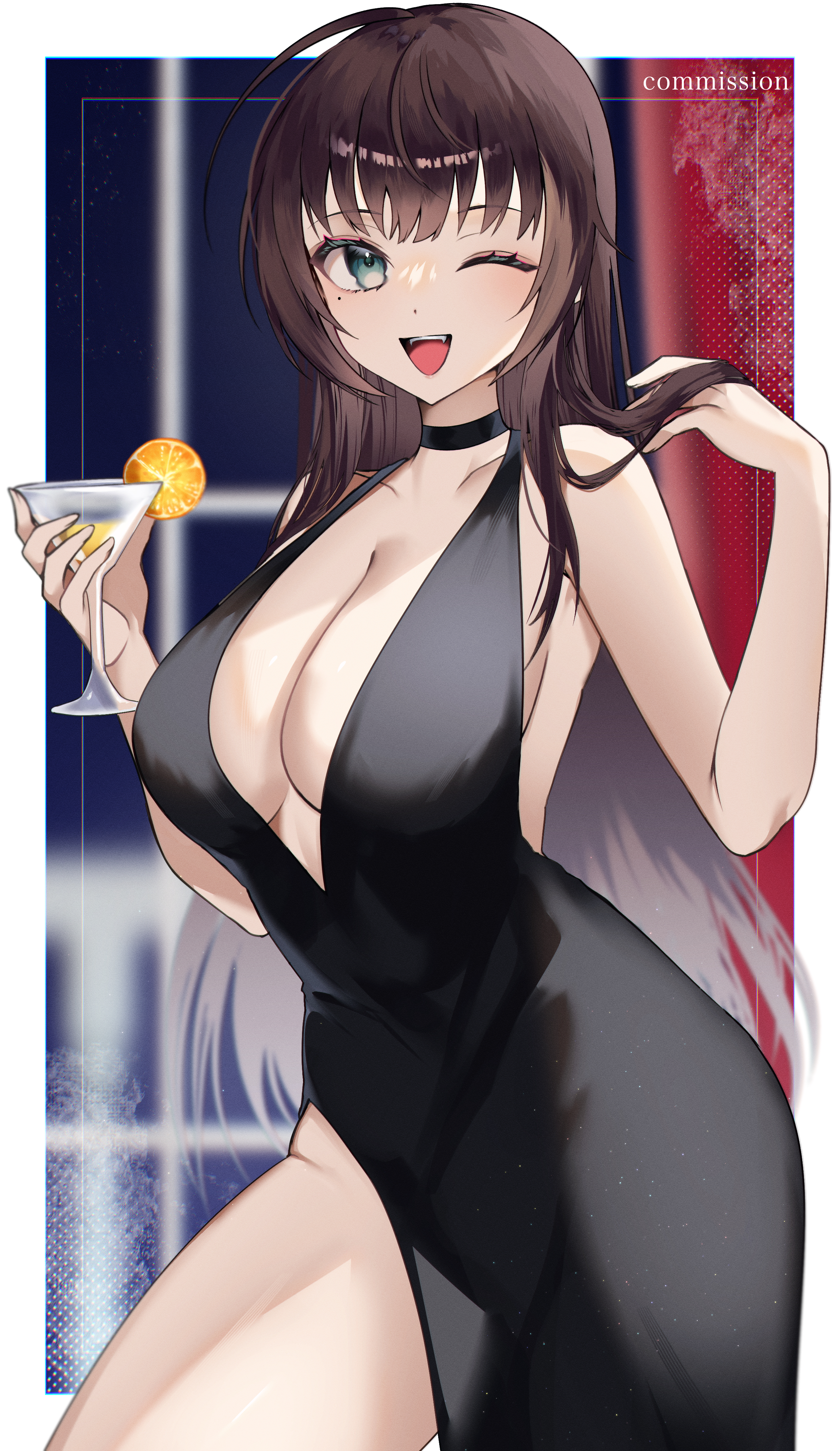 tanaka (tps9g), indie virtual youtuber, absurdres, commission, highres, skeb commission, 1girl, bare arms, bare shoulders, black dress, breasts, brown hair, center opening, cleavage, cup, dress, drinking glass, evening gown, green eyes, halterneck, holding, holding cup, large breasts, long hair, one eye closed, open mouth, revealing clothes, sam (vtuber), sleeveless, sleeveless dress, solo, window