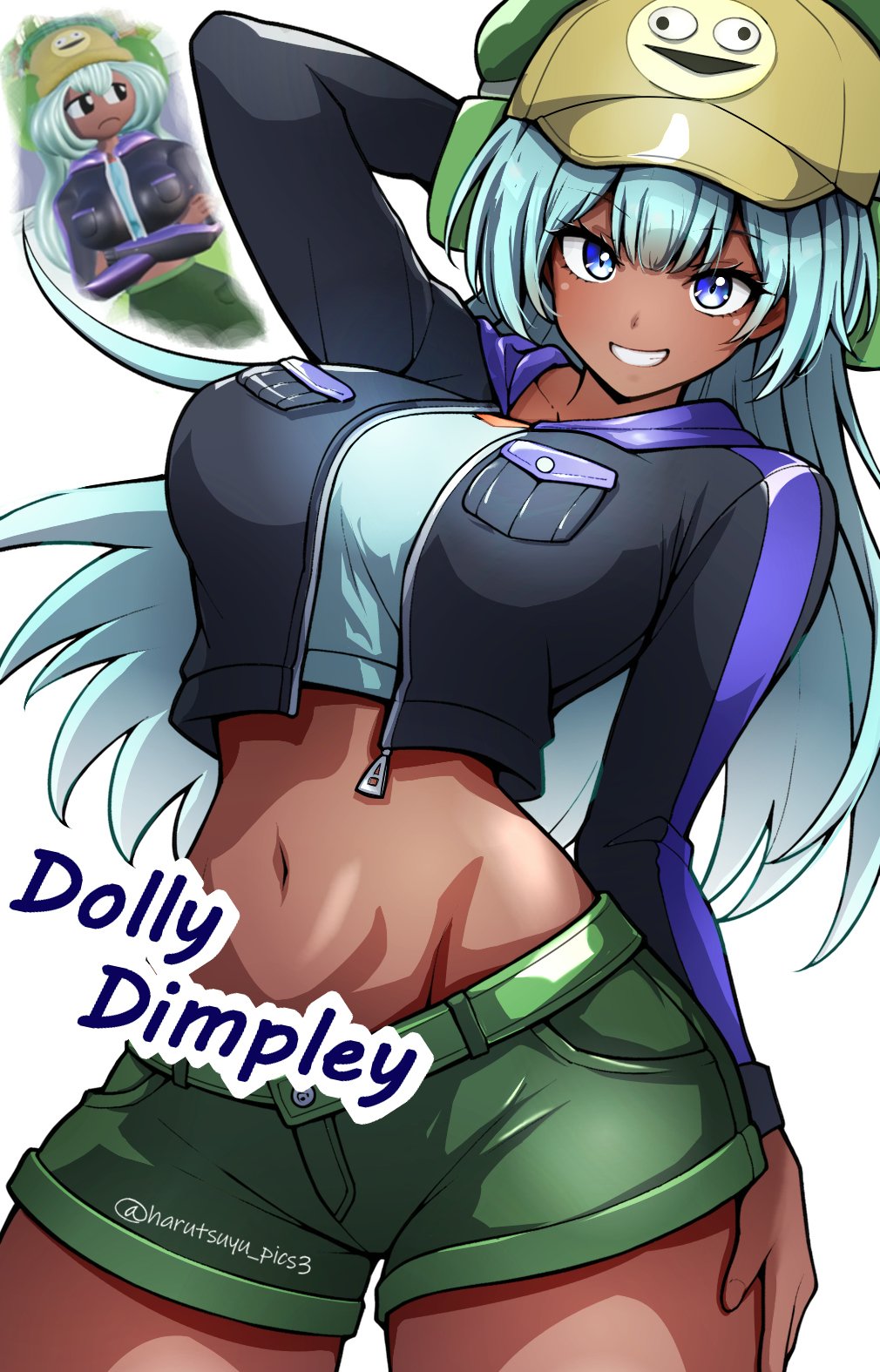 smiling friends, commentary, highres, mixed-language commentary, mixed media, 1girl, 3d, arm behind head, artist name, black jacket, blue eyes, breast pocket, breasts, character name, crossed arms, dark-skinned female, dark skin, dolly dimpley, frown, green hat, green shorts, harutsuyu pics3, hat, headphones, jacket, large breasts, long hair, long sleeves, looking at viewer, midriff, navel, pocket, shirt, shorts, smile, smiley face, white background, white hair, white shirt