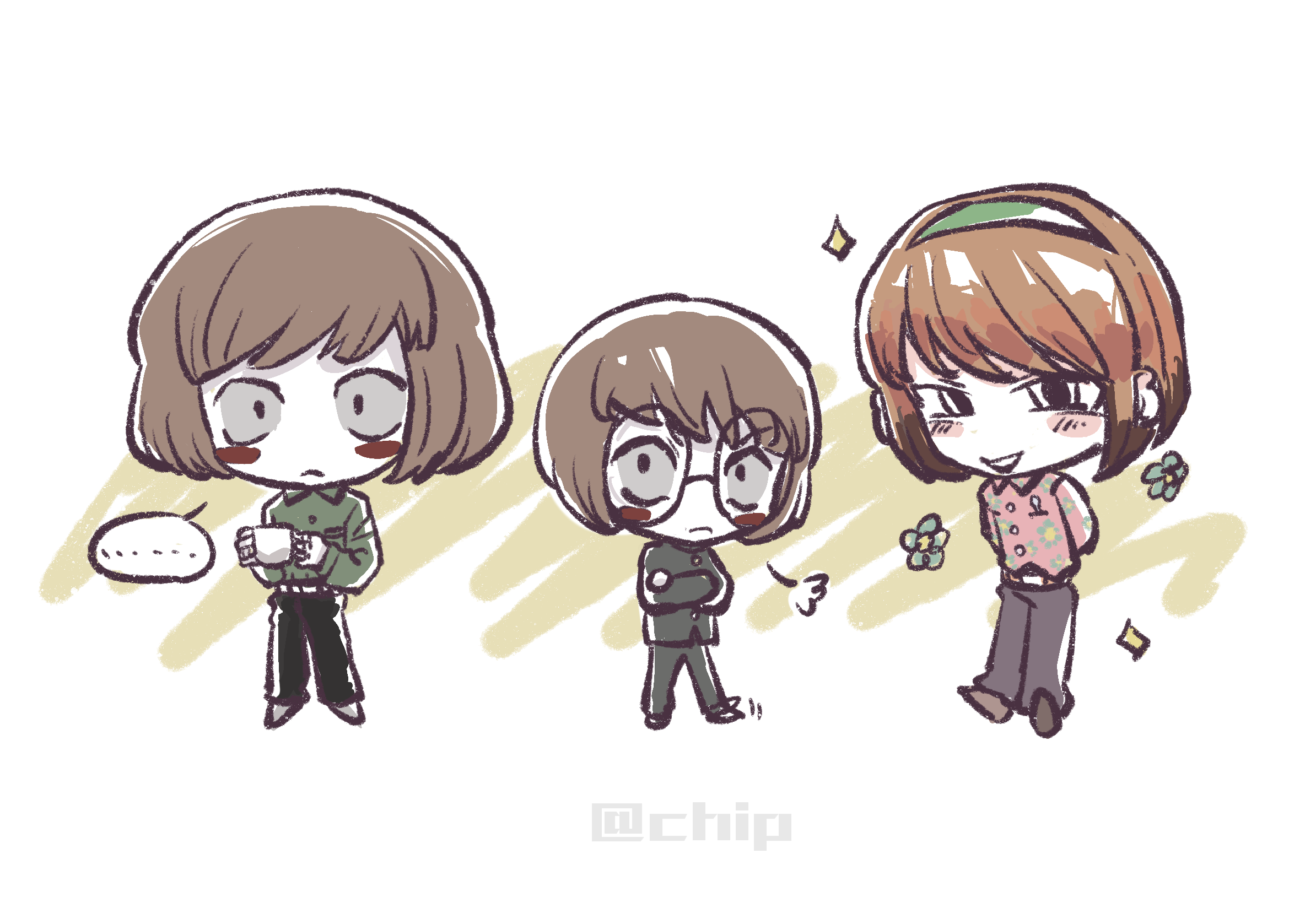 noecho, luther von ivory, randal's friends, chinese commentary, commentary request, highres, 3boys, aged down, black eyes, blue shirt, blush stickers, brown hair, chibi, cup, dual persona, gakuran, glasses, holding, holding cup, looking at viewer, male focus, multiple boys, pink shirt, puff of air, round eyewear, school uniform, shirt, short hair, teacup, white background