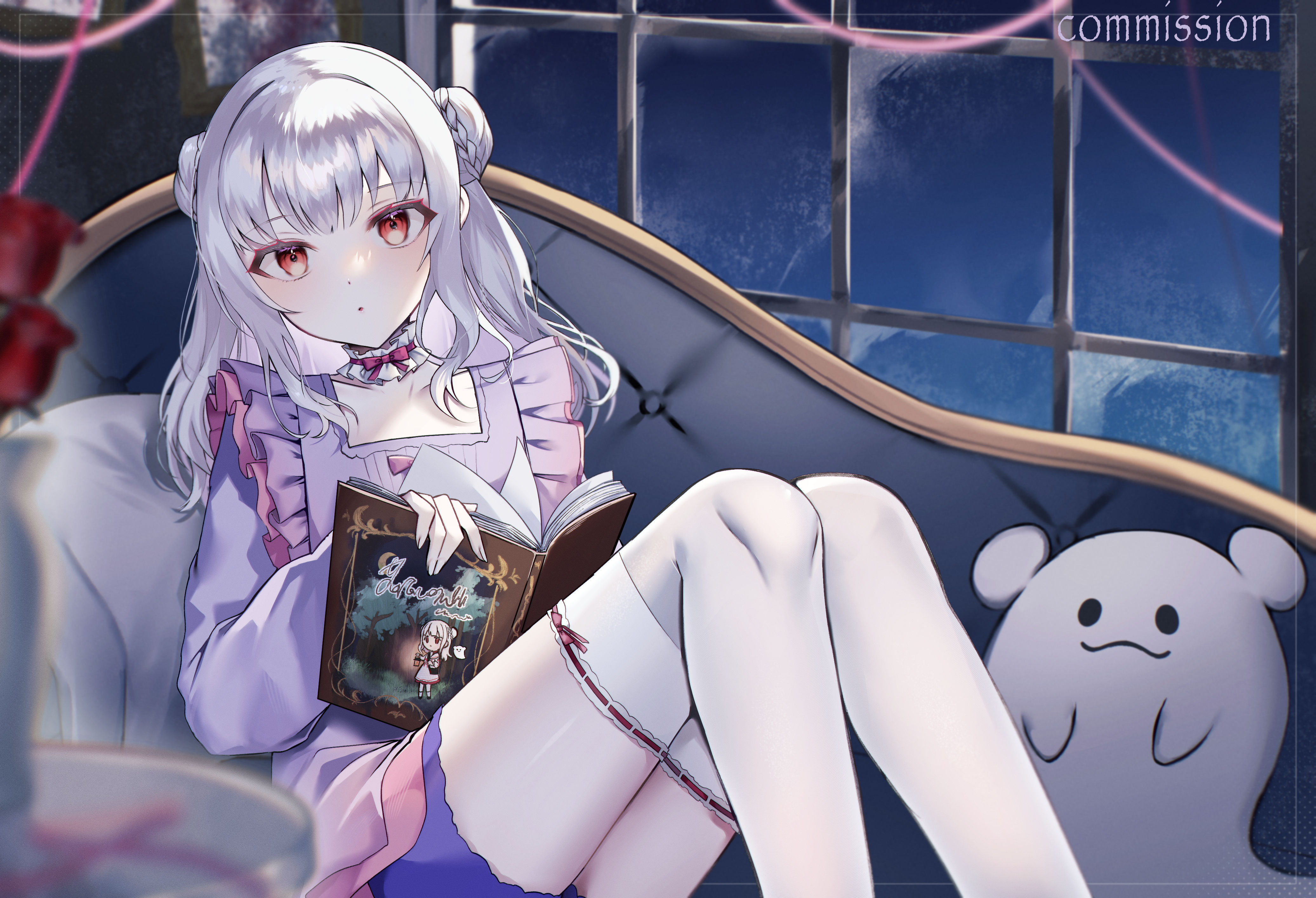 tanaka (tps9g), original, absurdres, character request, commentary, commission, highres, skeb commission, 1girl, blurry, blurry foreground, book, collar, couch, double bun, frilled collar, frills, hair bun, long sleeves, looking at viewer, medium hair, purple shirt, purple skirt, red eyes, shirt, sitting, skirt, solo, thighhighs, white hair, white thighhighs, window
