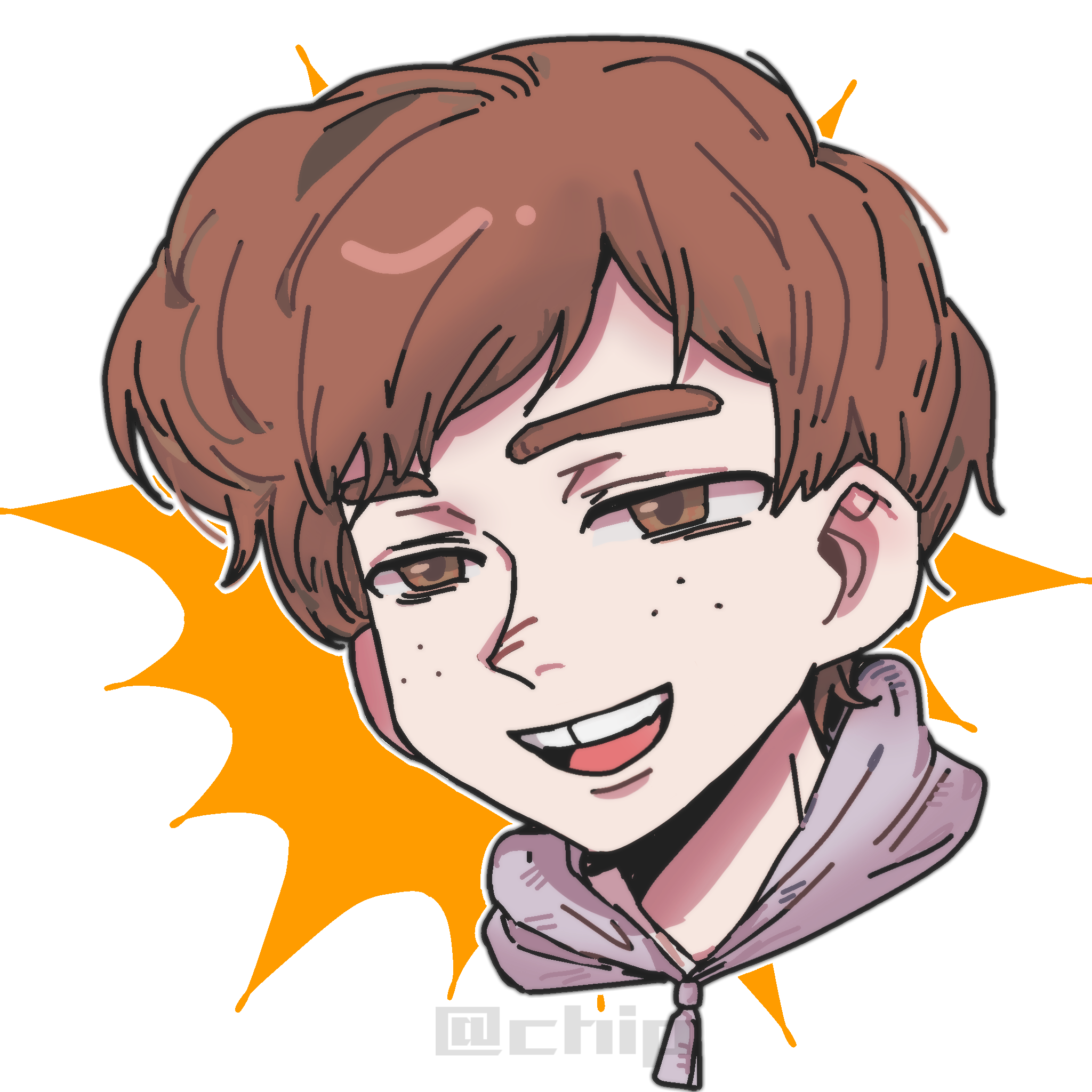 noecho, ben freeling, haunted hotel, commentary request, highres, 1boy, brown eyes, brown hair, freckles, hood, hood down, male focus, portrait, short hair, tooth gap, white background