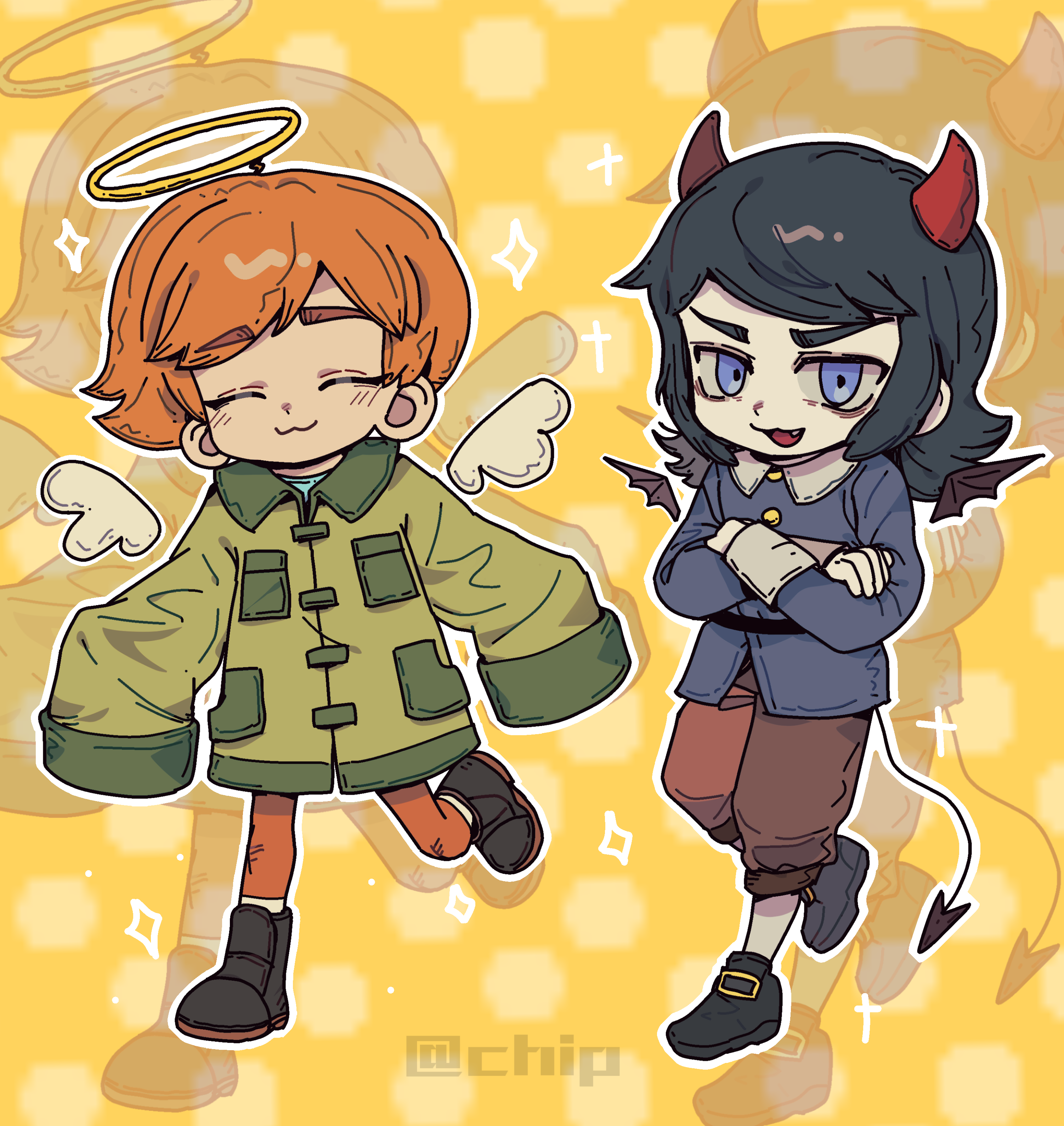 noecho, abaddon (haunted hotel), esther freeling, haunted hotel, absurdres, chinese commentary, commentary request, highres, :3, angel, angel wings, black hair, blue coat, blue eyes, boots, coat, crossed arms, demon boy, demon horns, demon tail, demon wings, detached wings, fang, green coat, halo, horns, mini wings, orange hair, polka dot, polka dot background, short hair, tail, wings, yellow background, zoom layer