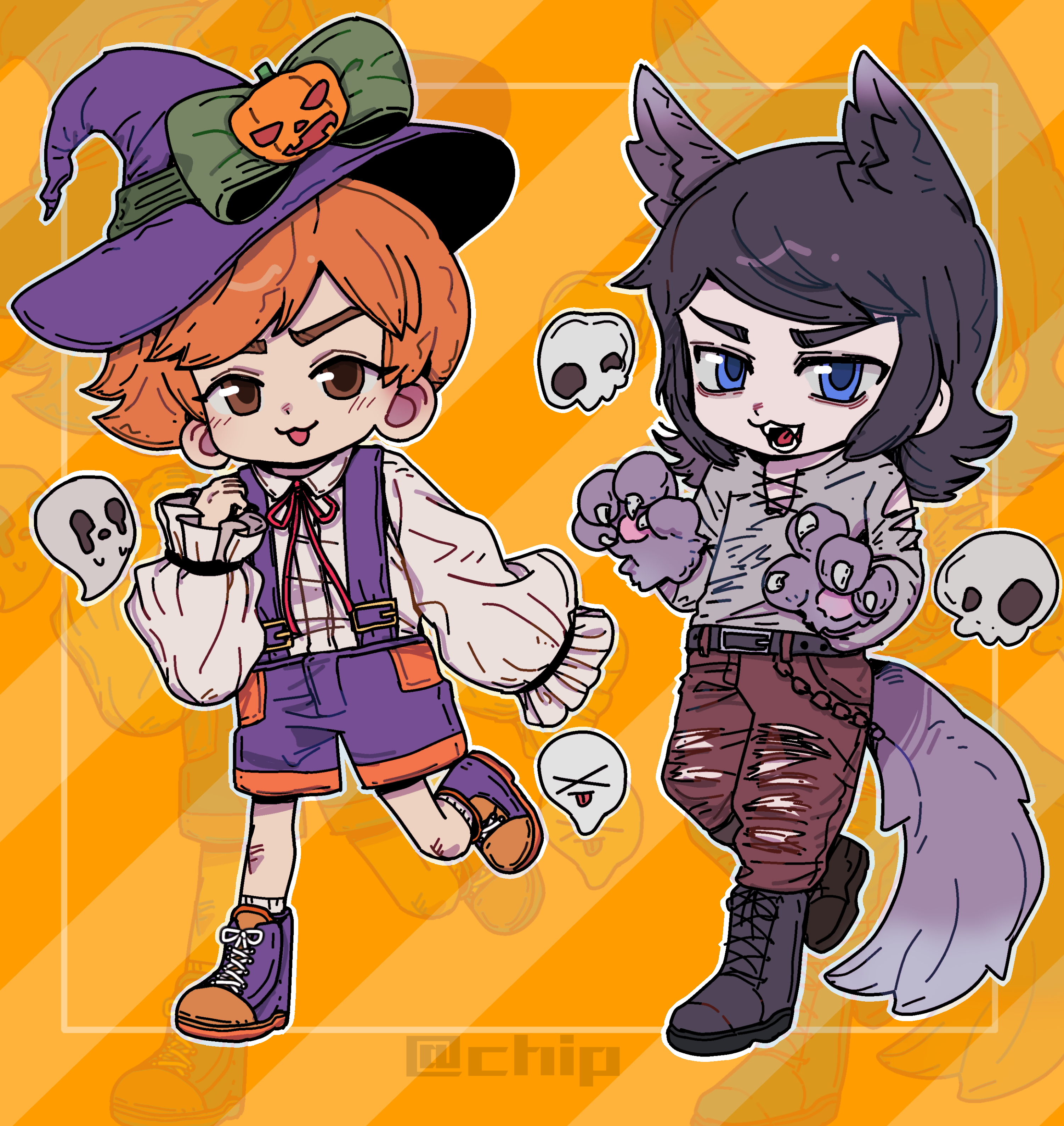 noecho, abaddon (haunted hotel), esther freeling, haunted hotel, absurdres, chinese commentary, commentary request, highres, 1boy, 1girl, animal ears, animal hands, black hair, blue eyes, boots, brown eyes, claw pose, claws, deformed, fangs, frilled sleeves, frills, ghost, gloves, grey shirt, halloween, halloween costume, hat, long sleeves, looking at viewer, orange hair, pants, paw gloves, puffy long sleeves, puffy sleeves, shirt, short hair, shorts, striped background, suspender shorts, suspenders, tail, torn clothes, torn pants, witch hat, wolf boy, wolf ears, wolf tail, yellow background, zoom layer