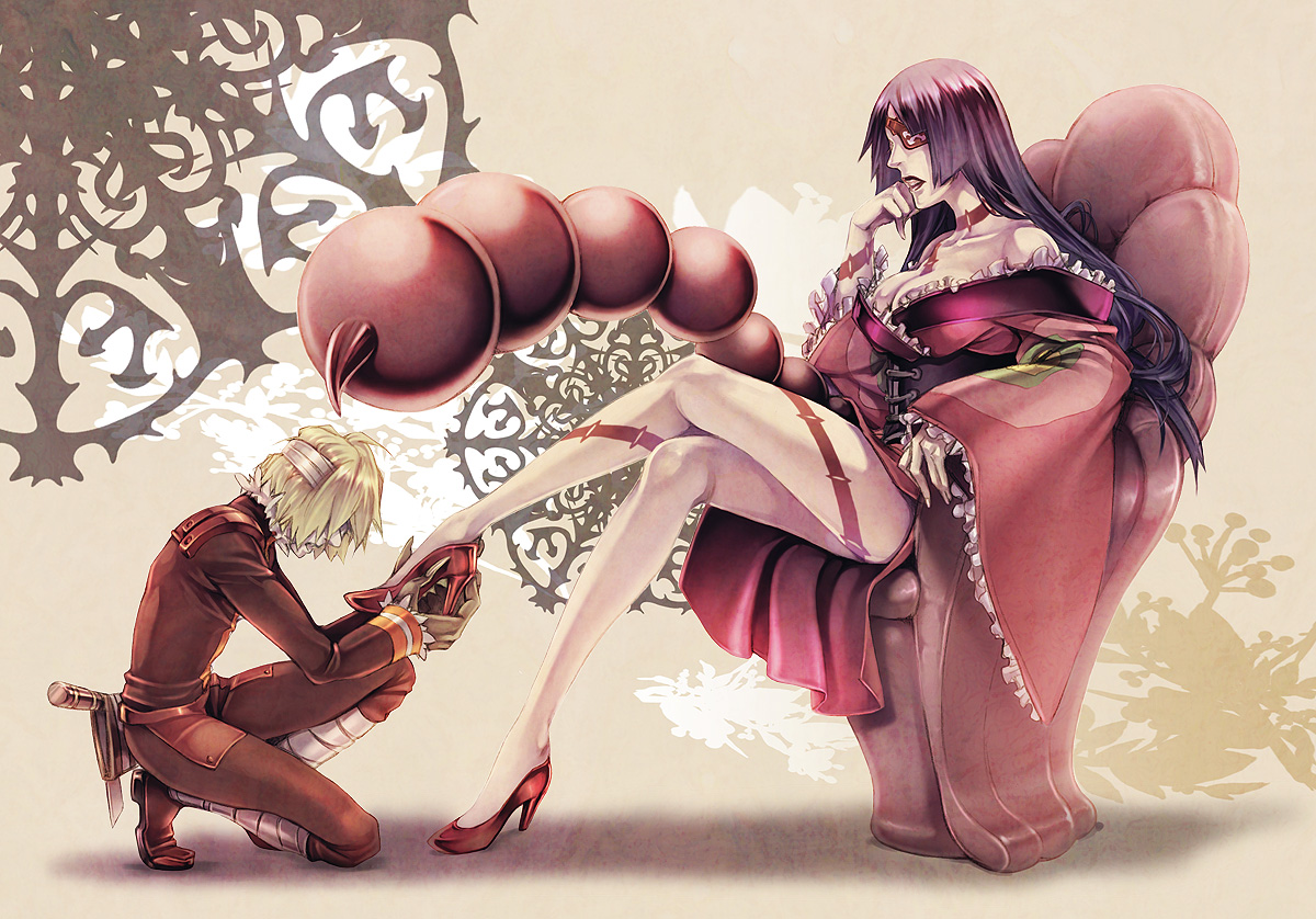 s-ta, adiane, viral (ttgl), tengen toppa gurren lagann, bad id, bad pixiv id, 00s, 1boy, 1girl, bandages, bare shoulders, blonde hair, blue hair, breasts, chair, cleavage, corset, crossed legs, dress, eyepatch, frills, head rest, high heels, kneeling, large breasts, legs, lipstick, long hair, makeup, scorpion tail, shoes, sitting, tail, tattoo