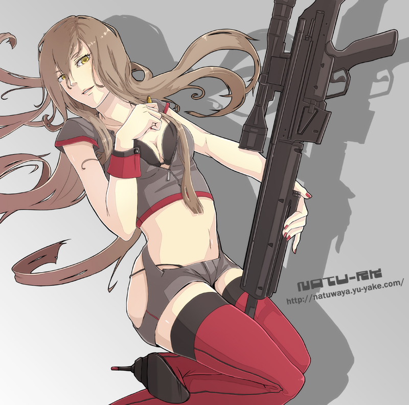 natuwaya, original, bad id, bad pixiv id, 1girl, bra, breasts, brown hair, cleavage, female focus, gun, lingerie, midriff, nail polish, panties, red nails, rifle, scope, sniper rifle, solo, thighhighs, thong, underwear, weapon, yellow eyes