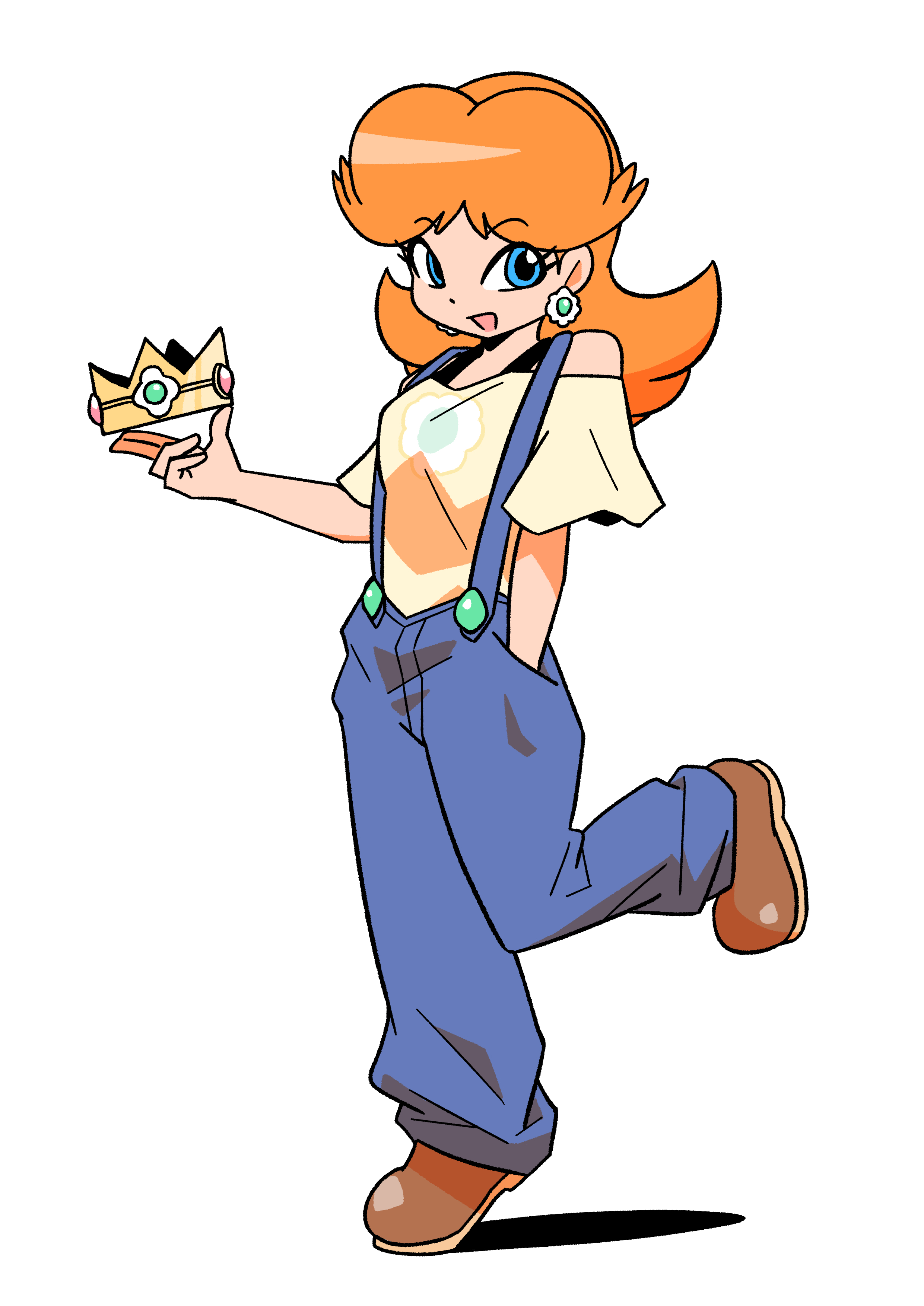 junnosu, princess daisy, mario (series), nintendo, absurdres, highres, 1girl, blue overalls, brown hair, brown shoes, crown, floral print, hand in pocket, holding, holding crown, long hair, overalls, shoes, simple background, smile, white background