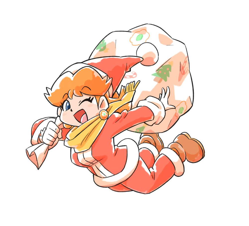 junnosu, princess daisy, mario (series), nintendo, 1girl, blue eyes, brown hair, brown shoes, earrings, gloves, hat, holding, holding sack, jewelry, long hair, one eye closed, orange scarf, sack, santa costume, santa hat, scarf, shoes, simple background, white background, white gloves