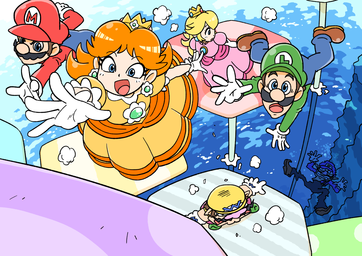 junnosu, luigi, mario, princess daisy, princess peach, waluigi, wario, mario (series), mario party, mario party superstars, nintendo, 2girls, 3boys, blue eyes, blue overalls, brown hair, brown shoes, crown, dress, earrings, facial hair, flower earrings, gloves, green hat, green shirt, hat, jewelry, multiple boys, multiple girls, mustache, open mouth, orange dress, overalls, pink dress, red hat, red shirt, shirt, shoes, smile, water, white gloves