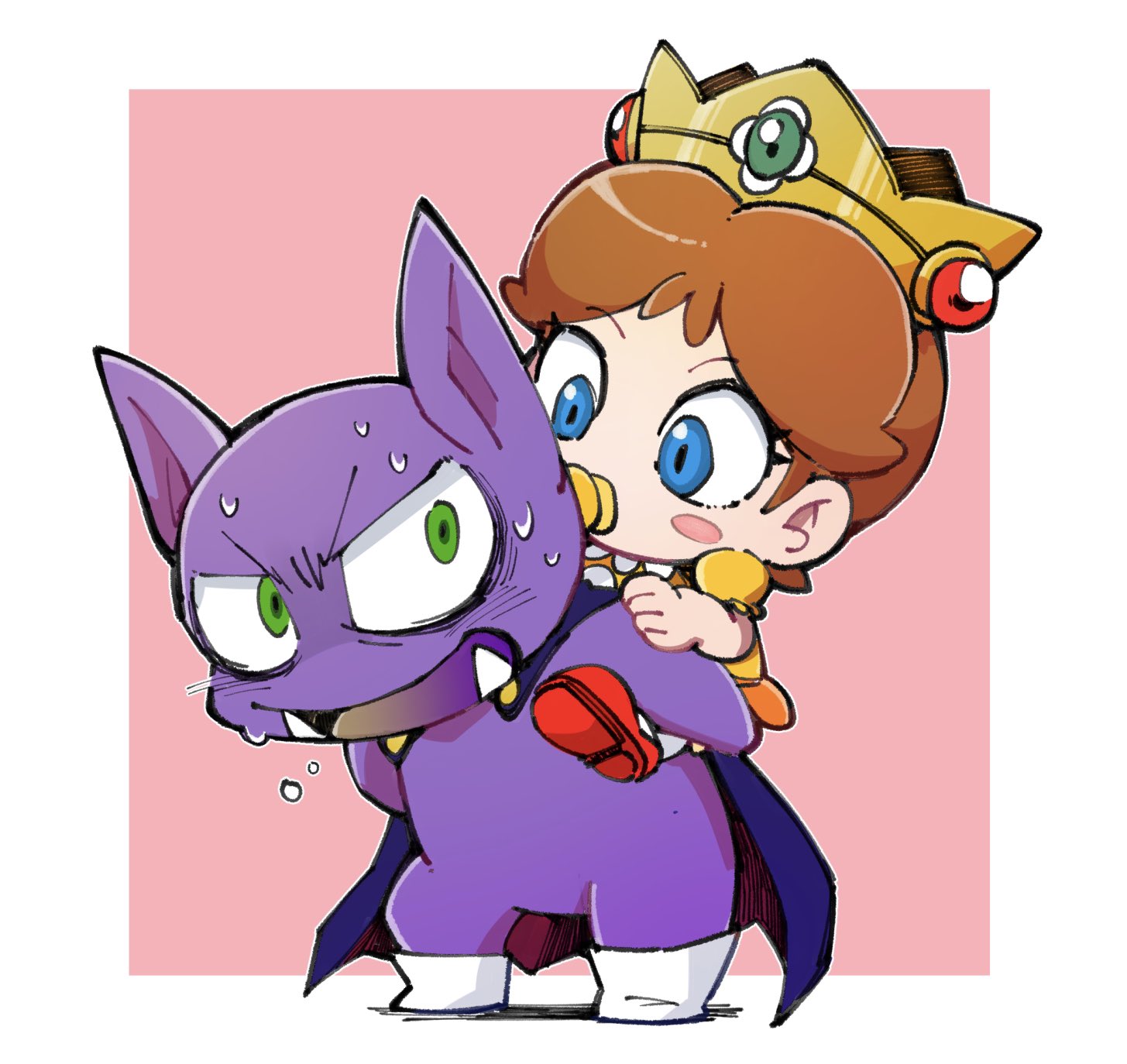chiyo (shuten dj), baby daisy, princess daisy, tatanga, mario (series), nintendo, super mario land, highres, 1boy, 1girl, baby, blue cape, blue eyes, cape, carrying, colored skin, crown, fangs, green eyes, pacifier, piggyback, pink background, pointy ears, purple skin, red shoes, shoes, simple background, white shoes