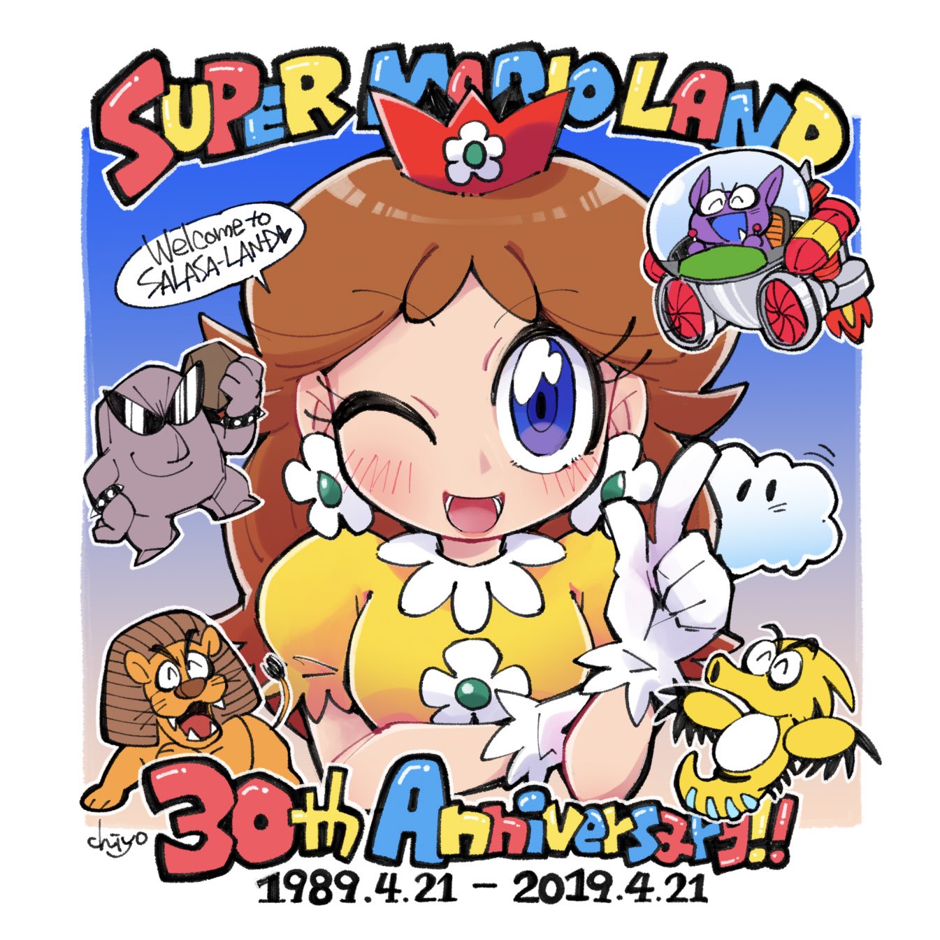 chiyo (shuten dj), biokinton, dragonzamasu, hiyoihoi, king totomesu, princess daisy, tatanga, mario (series), nintendo, super mario land, highres, 1boy, 1girl, anniversary, blue eyes, blush, brown hair, copyright name, crown, dated, dress, earrings, fangs, flower earrings, gloves, jewelry, long hair, looking at viewer, one eye closed, open mouth, smile, spacecraft, speech bubble, sunglasses, white gloves, yellow dress