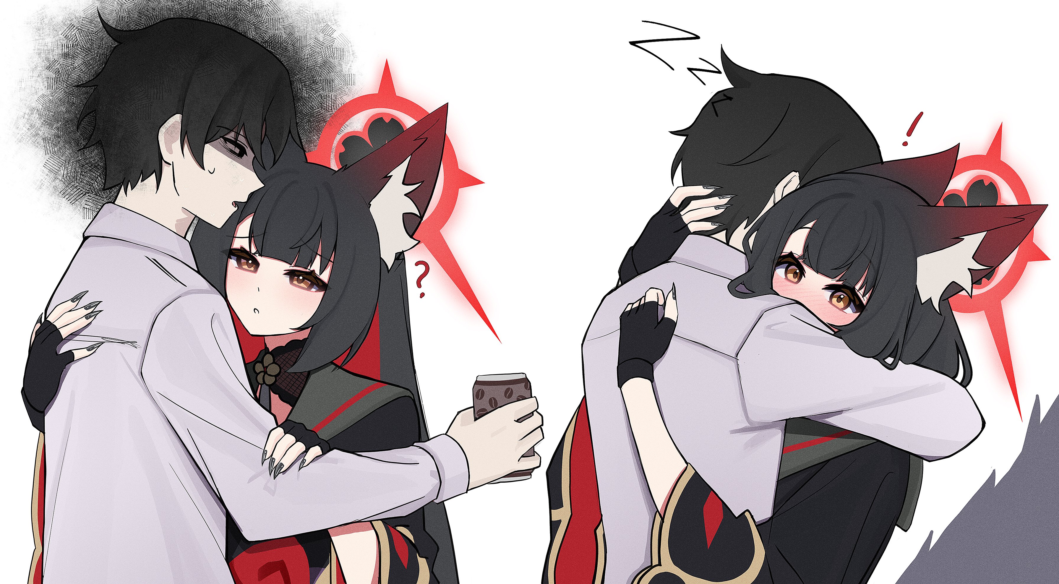 silenzuka, wakamo (blue archive), absurdres, highres, 1boy, 1girl, animal ear fluff, animal ears, black eyes, black gloves, black hair, black kimono, black nails, blush, colored inner hair, drink, embarrassed, fingerless gloves, fingernails, fox ears, fox girl, fox tail, gloves, grey shirt, halo, holding, holding drink, hug, japanese clothes, kimono, long fingernails, long hair, multicolored hair, red hair, red halo, shaded face, shirt, short hair, sweatdrop, tail, two-tone hair, yellow eyes