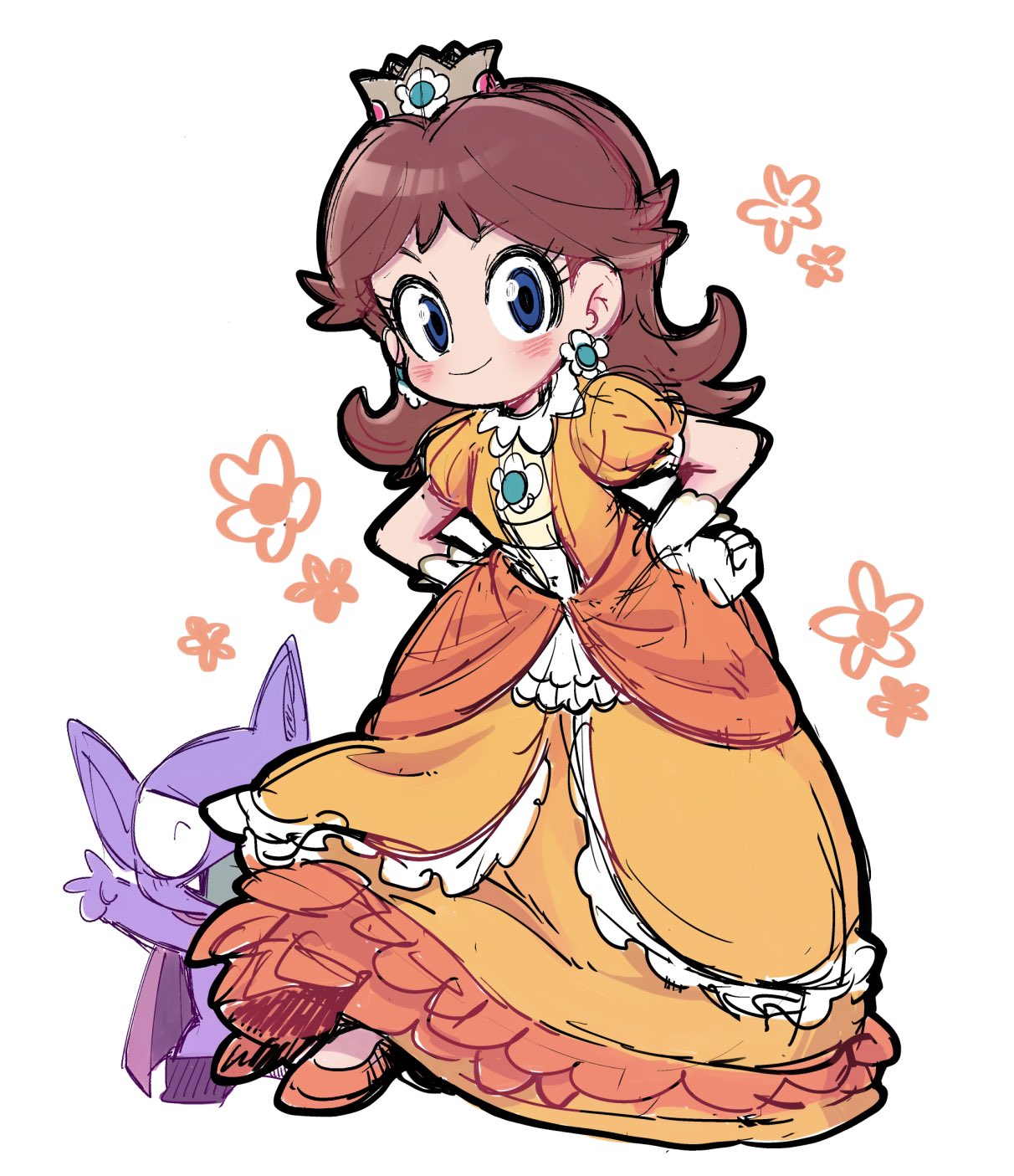 chiyo (shuten dj), princess daisy, tatanga, mario (series), nintendo, super mario land, highres, 1boy, 1girl, brown hair, colored skin, crown, dress, earrings, flower earrings, gloves, jewelry, long hair, looking at viewer, orange dress, orange shoes, purple skin, shoes, simple background, smile, white background, white gloves