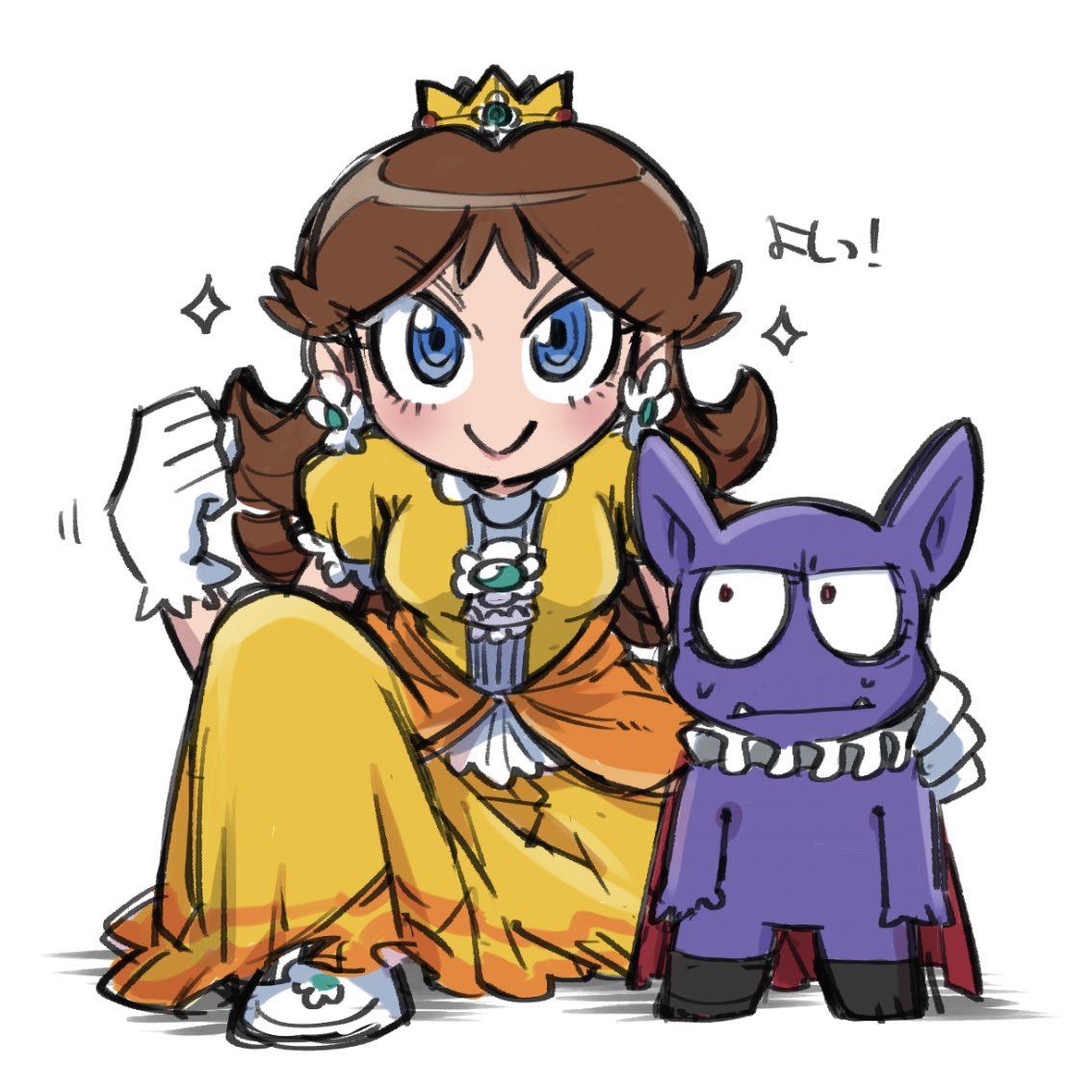 chiyo (shuten dj), princess daisy, tatanga, mario (series), nintendo, super mario land, commentary, symbol-only commentary, 1boy, 1girl, blue eyes, brown hair, colored skin, crown, dress, earrings, flower earrings, gloves, jewelry, long hair, orange dress, purple skin, simple background, smile, sparkle, white background, white gloves