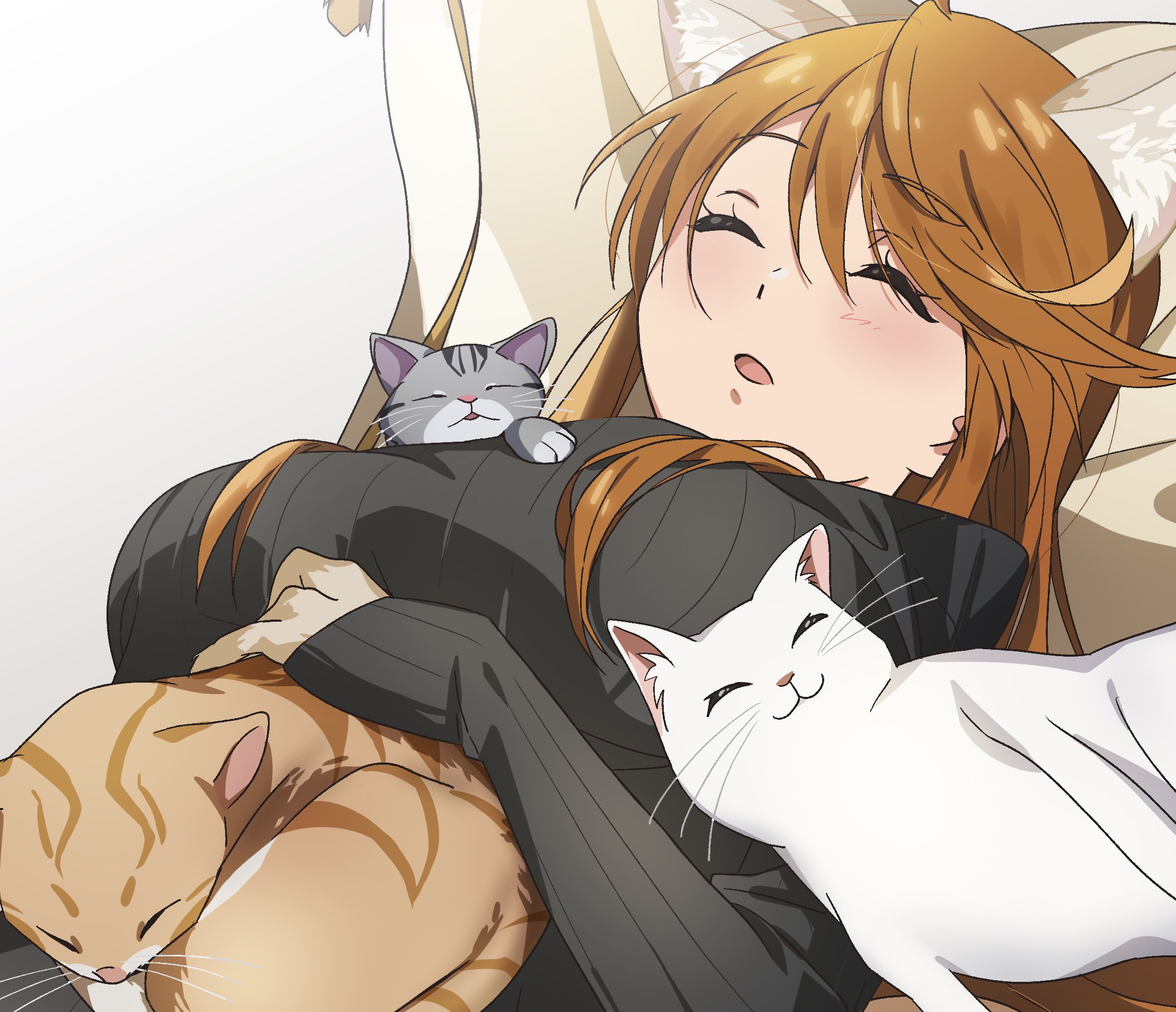 katsu (kana), tokoro megumi, idolmaster, idolmaster million live!, highres, 1girl, animal, animal ears, black sweater, breasts, brown hair, cat, cat ears, closed eyes, large breasts, long hair, long sleeves, open mouth, sleeping, sleeves past wrists, solo, sweater