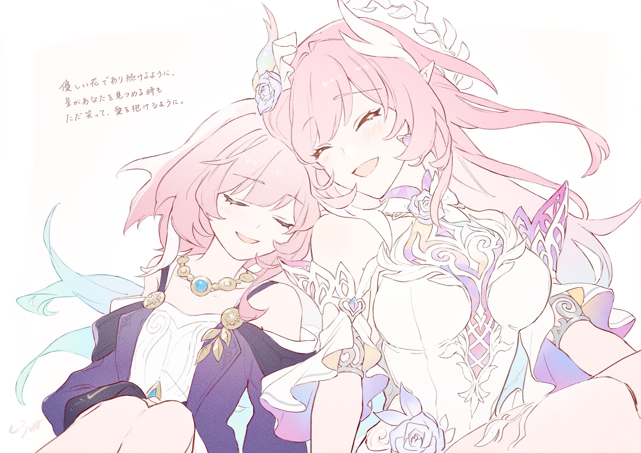 instntmssl, cyrene (aedes elysiae) (honkai: star rail), cyrene (honkai: star rail), cyrene (ripples of past reverie) (honkai: star rail), honkai: star rail, honkai (series), highres, 2girls, bare shoulders, blue hair, breasts, closed eyes, detached sleeves, dress, earrings, gradient hair, jewelry, large breasts, long hair, medium hair, multicolored hair, multiple girls, open mouth, pink hair, purple dress, single earring, sitting, white dress