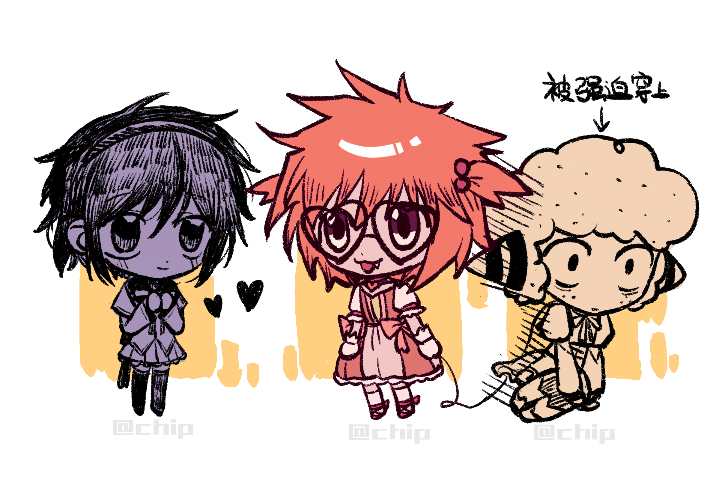 noecho, akemi homura, kaname madoka, randal ivory, sebastian de tomato smith chicken legs, tsukada satoru, mahou shoujo madoka magica, randal's friends, character request, chinese commentary, commentary request, highres, translation request, 3boys, akemi homura (cosplay), chinese text, cosplay, crossdressing, dress, fang, glasses, heart, heart-shaped eyewear, kaname madoka (cosplay), male focus, multiple boys, orange hair, short hair