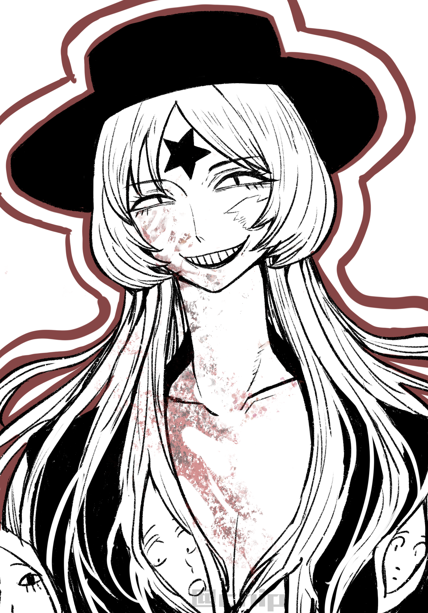 noecho, nana (randal's friends), randal's friends, chinese commentary, commentary request, highres, 1girl, blood, blood on face, breasts, cleavage, grin, hat, humanization, long hair, looking at viewer, multiple heads, simple background, smile, solo, spot color, upper body, white background