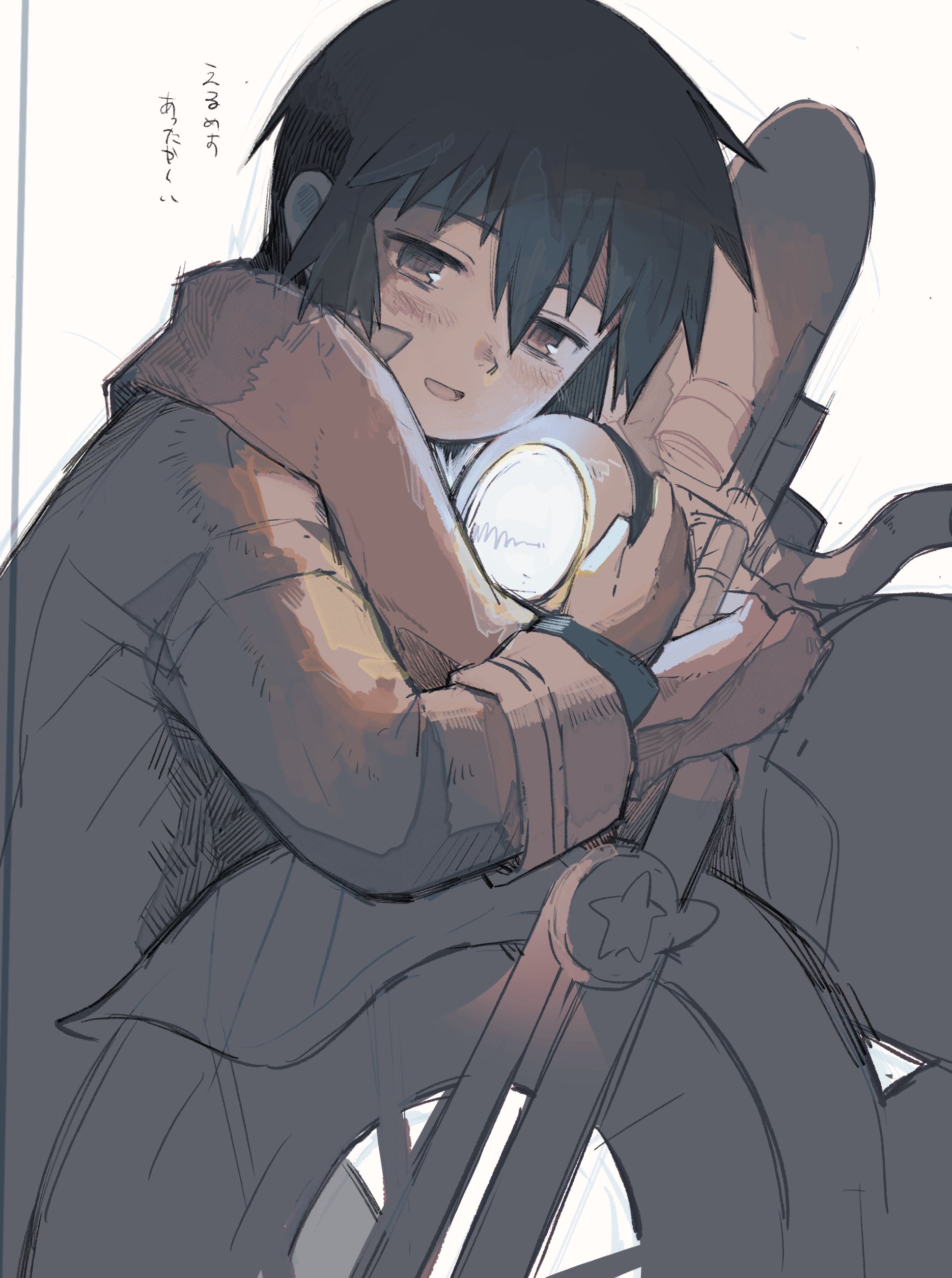 taru153, hermes (kino no tabi), kino (kino no tabi), kino no tabi, absurdres, commentary, highres, translated, 1girl, :d, androgynous, blush, brough superior, coat, from side, gloves, hair between eyes, hatching (texture), hug, hugging object, jacket, long sleeves, monochrome, motor vehicle, motorcycle, open mouth, scarf, sepia, short hair, sketch, smile, solo, tomboy, very short hair, white background