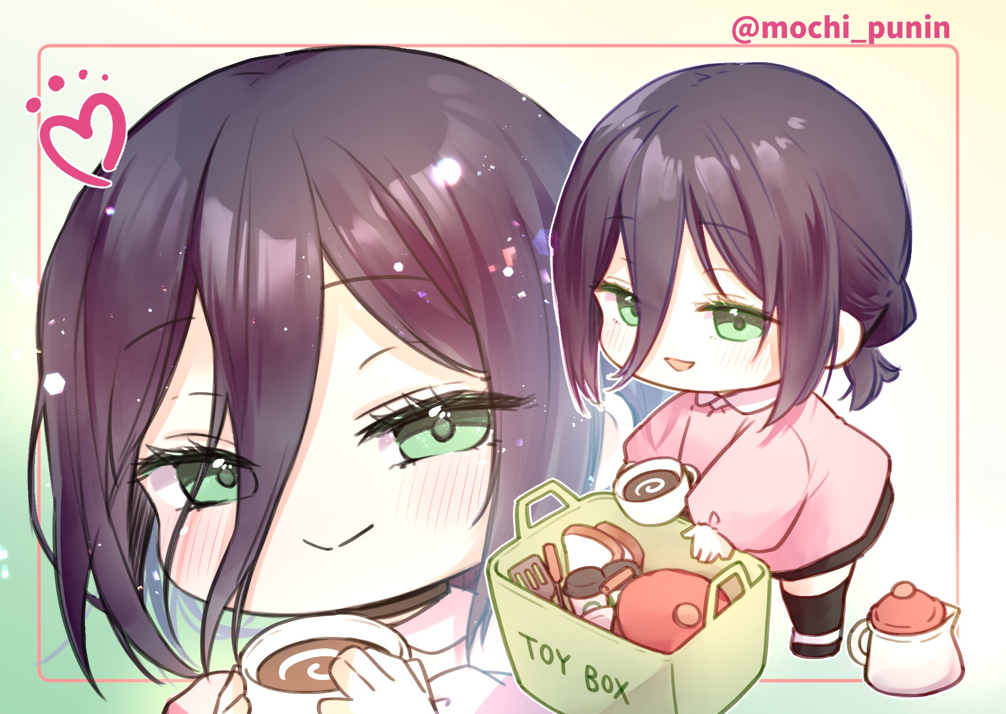 chiy (mochi punin), reze (chainsaw man), chainsaw man, commentary request, highres, 1girl, black choker, black hair, black shoes, black skirt, blush, chibi, chibi only, choker, closed mouth, coffee mug, collared shirt, cup, eyelashes, green eyes, hair between eyes, hair bun, heart, holding, holding cup, holding teapot, long sleeves, looking at viewer, mug, multiple views, open mouth, pink shirt, shirt, shoes, short hair, skirt, sleeves past fingers, sleeves past wrists, smile, standing, teapot, toy box