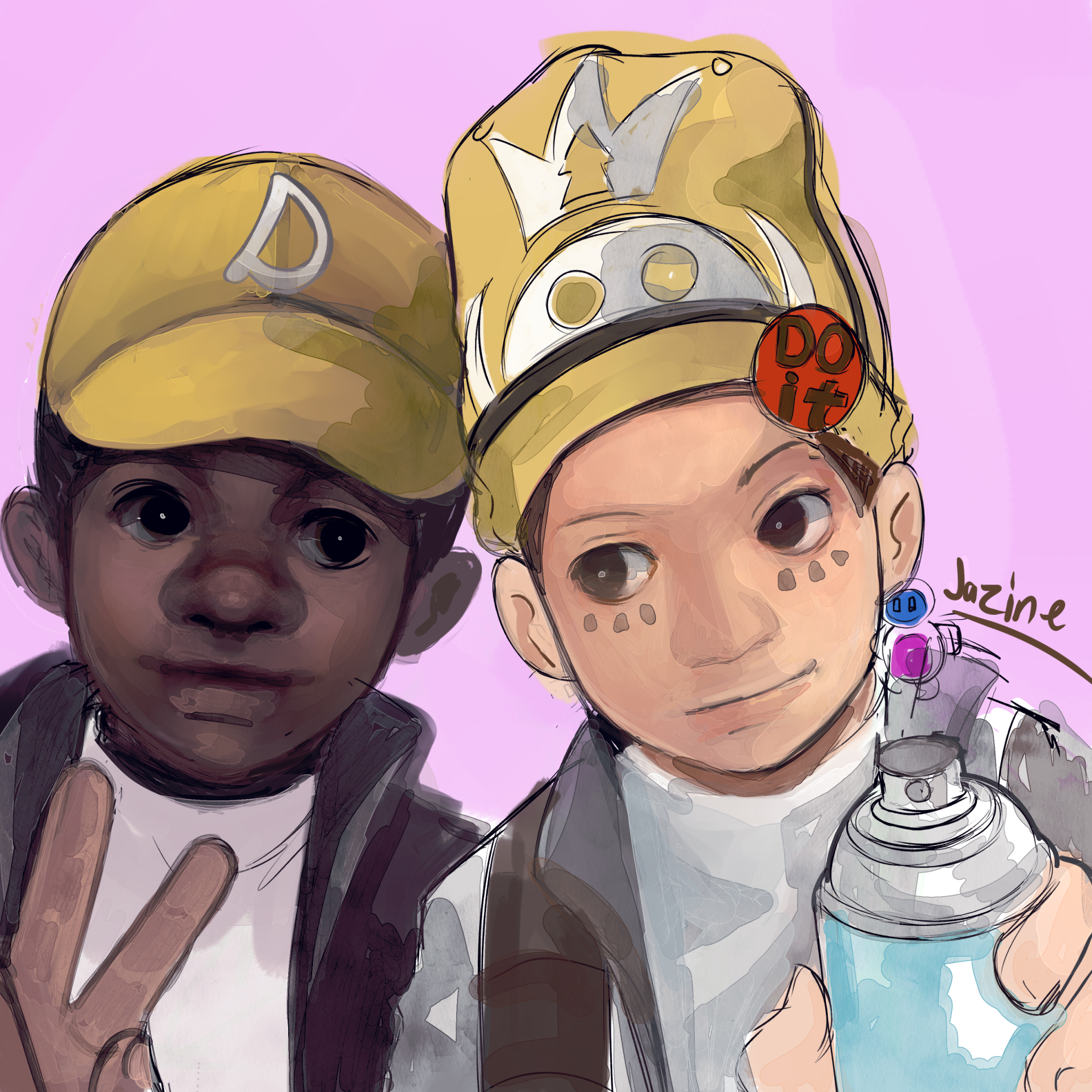 inaba masao, persona, persona 1, commentary, english commentary, highres, 2boys, badge, baseball cap, black eyes, brown eyes, button badge, closed mouth, dark-skinned male, dark skin, dual persona, hat, holding, holding spray can, jazinedraws, looking at another, looking to the side, male focus, multiple boys, official alternate skin color, pink background, shirt, signature, simple background, spray can, upper body, v, very dark skin, white shirt, yellow hat