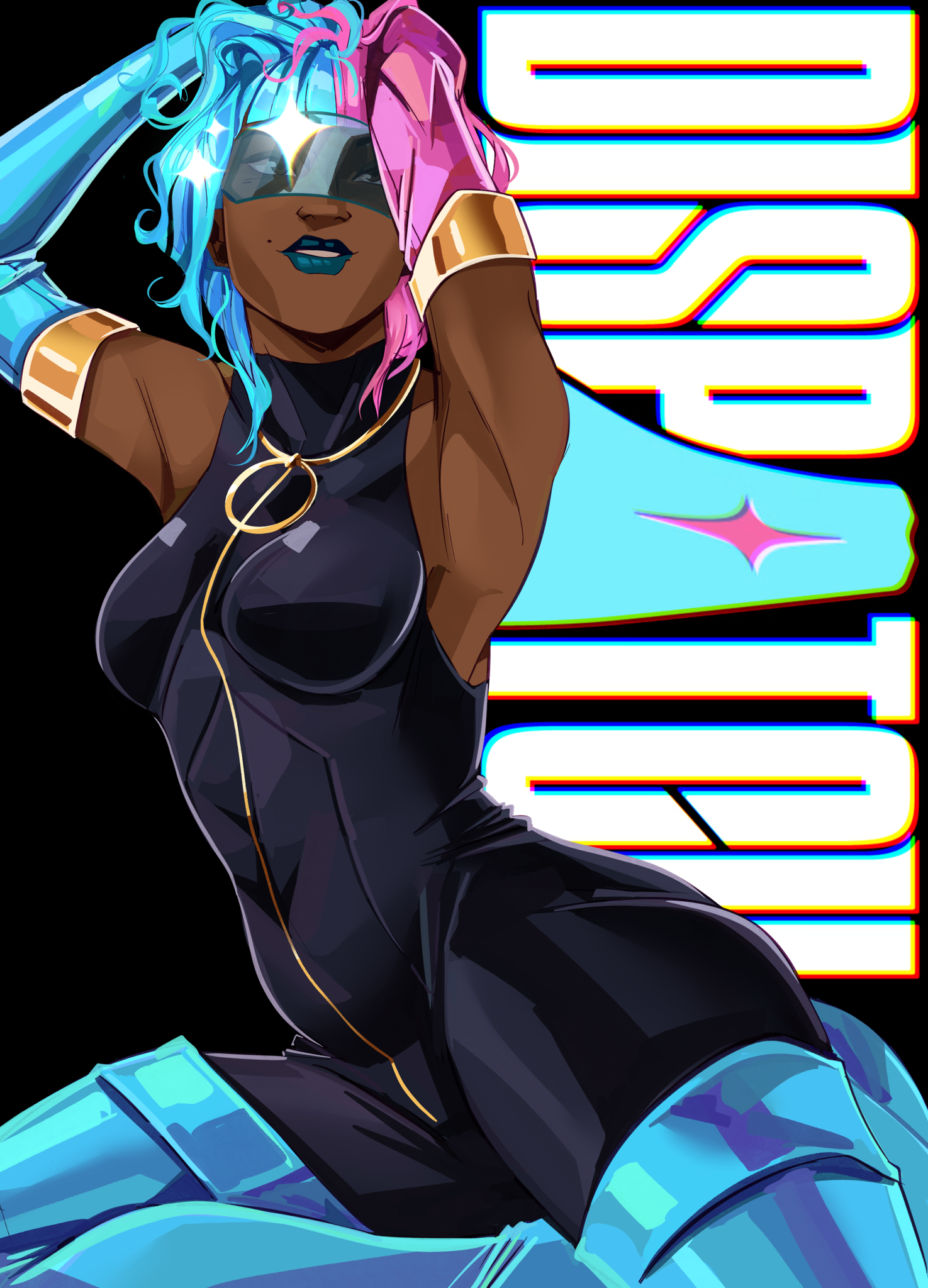 stitchedspider, prism (dispatch), dispatch, highres, 1girl, armlet, arms up, black background, black bodysuit, blue boots, blue lips, bodysuit, boots, breasts, copyright name, dark-skinned female, dark skin, elbow gloves, gloves, jewelry, lipstick, makeup, mole, mole above mouth, multicolored hair, small breasts, sunglasses, thigh boots, two-tone hair