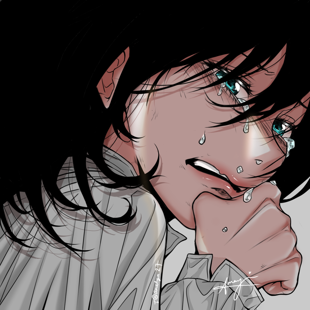 original, highres, 1girl, artist name, black hair, blue eyes, crying, crying with eyes open, dated, hand up, koffeeartist, long hair, long sleeves, looking at viewer, open mouth, simple background, solo, tears