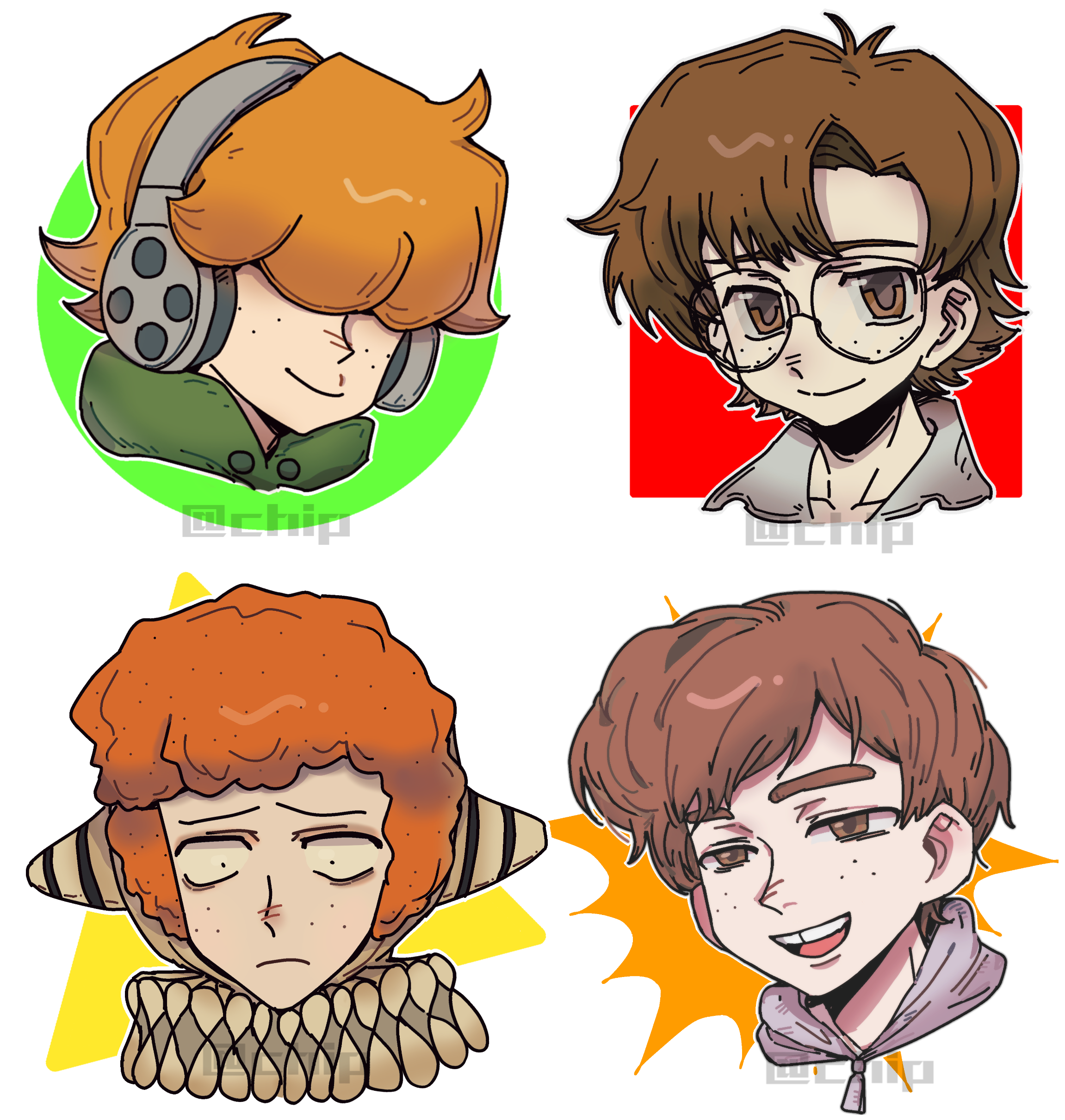 noecho, aida kensuke, ben freeling, brief (psg), sebastian de tomato smith chicken legs, haunted hotel, neon genesis evangelion, panty & stocking with garterbelt, randal's friends, absurdres, chinese commentary, commentary request, copyright request, highres, 4boys, brown eyes, brown hair, clown, crossover, freckles, glasses, headphones, look-alike, male focus, multiple boys, multiple crossover, neck ruff, orange hair, portrait, round eyewear, short hair, tooth gap, trait connection, white background