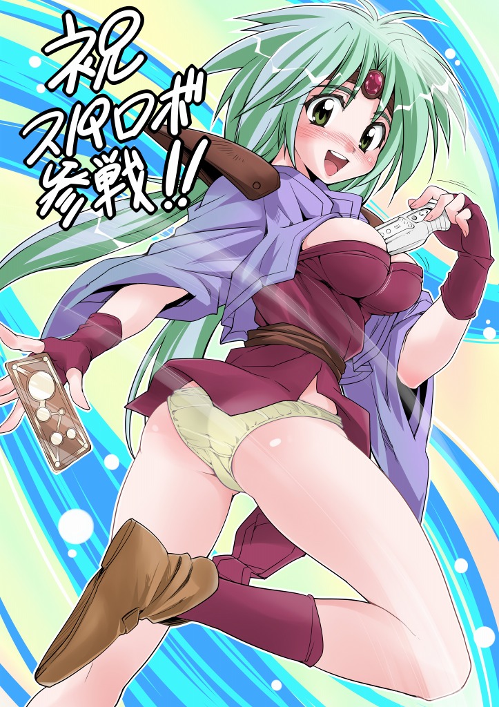 endou masatoshi, paffy pafuricia, haou taikei ryuu knight, bad id, bad pixiv id, 1990s (style), 1girl, ass, between breasts, blush, breasts, circlet, cleavage, female focus, fingerless gloves, game console, gloves, green eyes, green hair, large breasts, long hair, looking back, matching hair/eyes, panties, pantyshot, retro artstyle, solo, underwear, wii