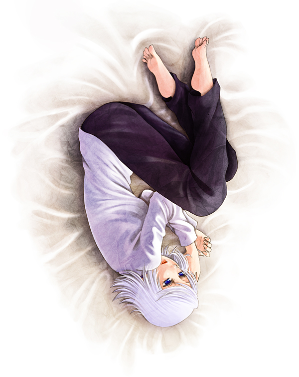 cka, murasaki (ekyu), raine sage, tales of (series), tales of symphonia, 00s, barefoot, blue eyes, feet, fetal position, lying, short hair, solo, white hair