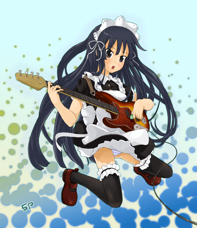 supopo, akiyama mio, k-on!, bad id, bad pixiv id, 00s, 1girl, alternate costume, apron, bass guitar, black eyes, black hair, blunt bangs, clothes lift, enmaided, female focus, hime cut, instrument, jumping, maid, maid apron, maid headdress, panties, pantyshot, plectrum, skirt, skirt lift, solo, striped clothes, striped panties, thighhighs, underwear