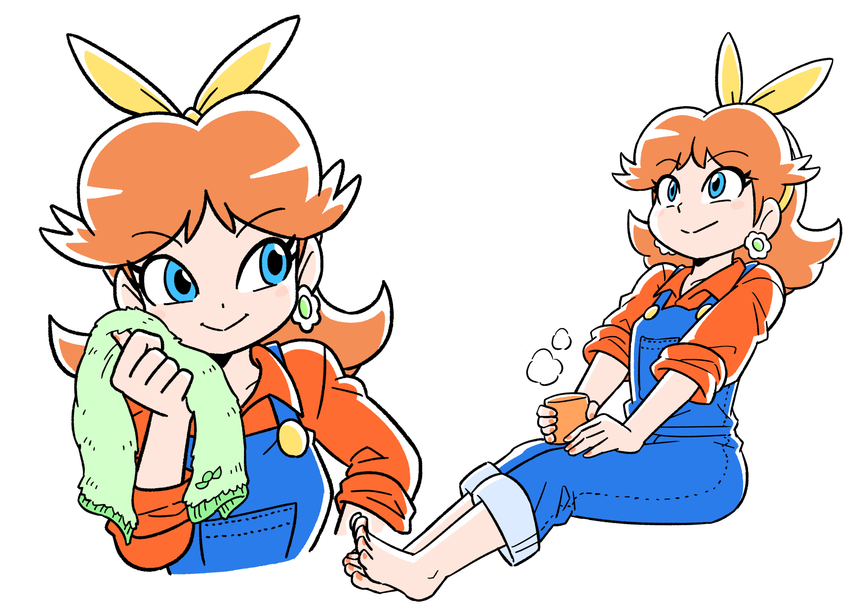 junnosu, princess daisy, princess daisy (farmer), mario (series), mario kart, mario kart tour, nintendo, highres, 1girl, barefoot, blue eyes, blue overalls, brown hair, earrings, flower earrings, holding, holding towel, jewelry, long hair, multiple views, nail polish, orange nails, orange shirt, overalls, shirt, simple background, sitting, towel, white background
