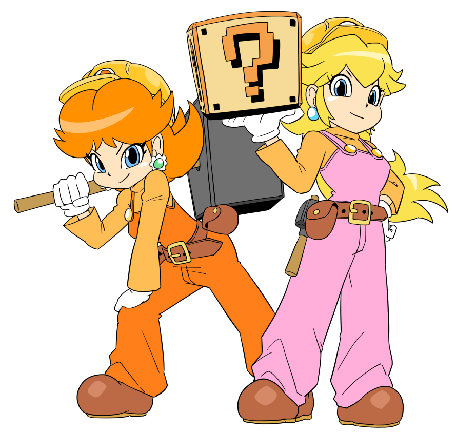 junnosu, princess daisy, princess peach, mario (series), nintendo, super mario maker, 2girls, block (mario), blonde hair, blue eyes, brown hair, brown shoes, earrings, flower earrings, gloves, hammer, hard hat, helmet, holding, holding hammer, jewelry, multiple girls, orange overalls, overalls, pink overalls, shoes, simple background, smile, white background, white gloves