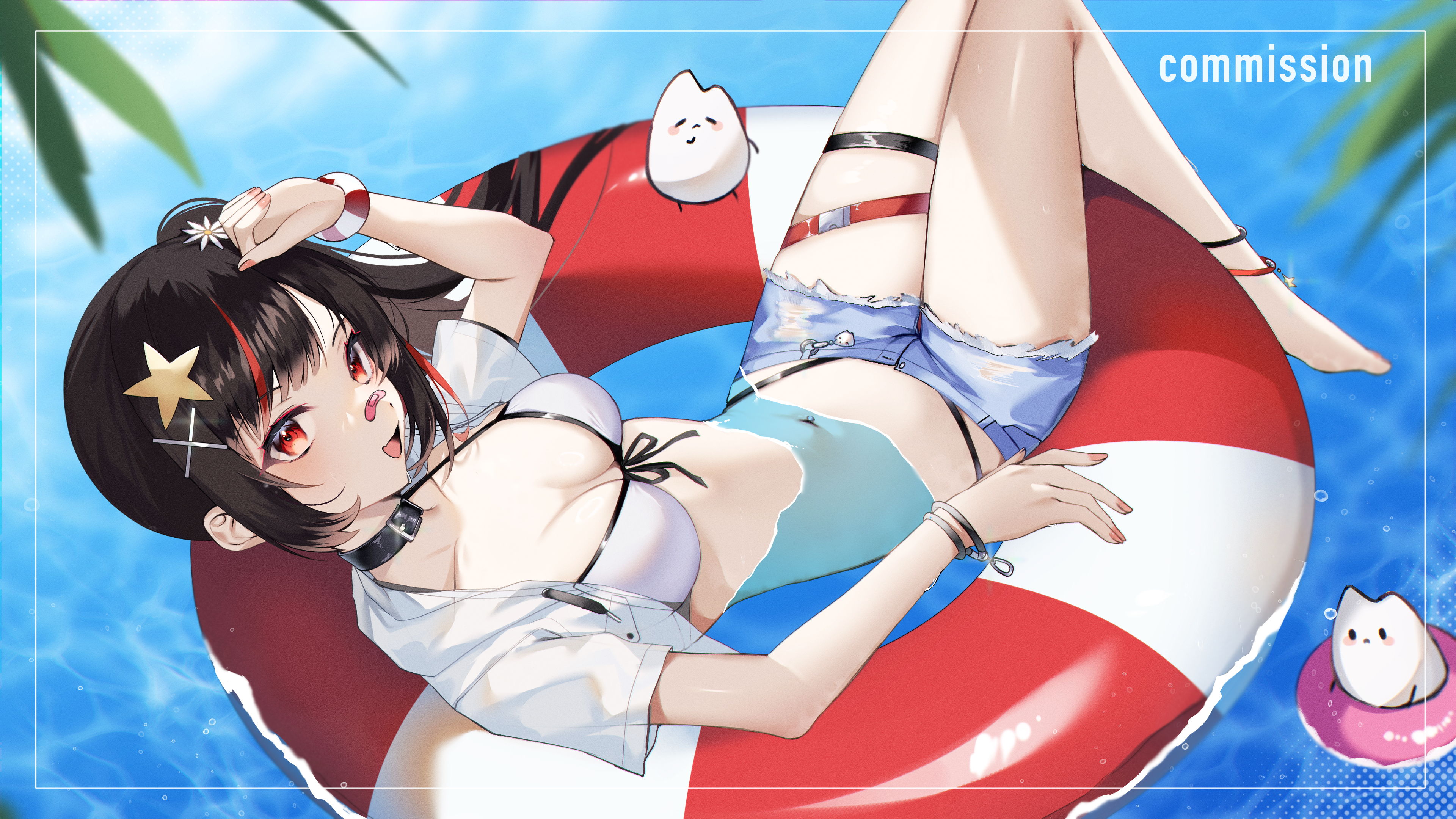 tanaka (tps9g), indie virtual youtuber, absurdres, commission, highres, skeb commission, 1girl, bandaid, bandaid on face, bandaid on nose, belt collar, bikini, black hair, bracelet, breasts, cleavage, collar, cropped jacket, denim, denim shorts, hair ornament, jacket, jewelry, long hair, looking at viewer, medium breasts, multicolored hair, open clothes, open jacket, open mouth, partially submerged, pink nails, red eyes, red hair, scrunchie, short sleeves, shorts, side ponytail, solo, star (symbol), star hair ornament, streaked hair, swim ring, swimsuit, thigh strap, virtual youtuber, water, white bikini, white jacket, x hair ornament