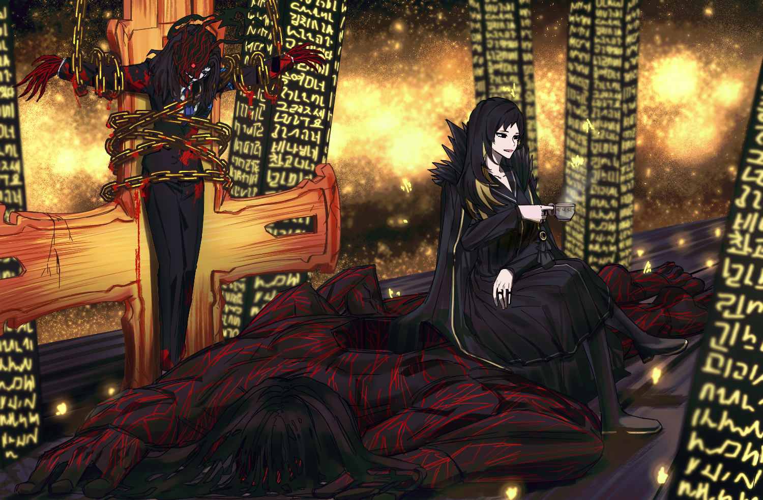 m ttl, binah (project moon), elena (project moon), library of ruina, project moon, 1other, 2girls, black coat, black dress, black eyes, black hair, black jacket, black pants, black sailor collar, blood, chain, coat, cross, crossed legs, crucifixion, cup, dress, jacket, long hair, multiple girls, open mouth, pants, pillar, sailor collar, sitting, smile, steam, teacup, the vermillion cross