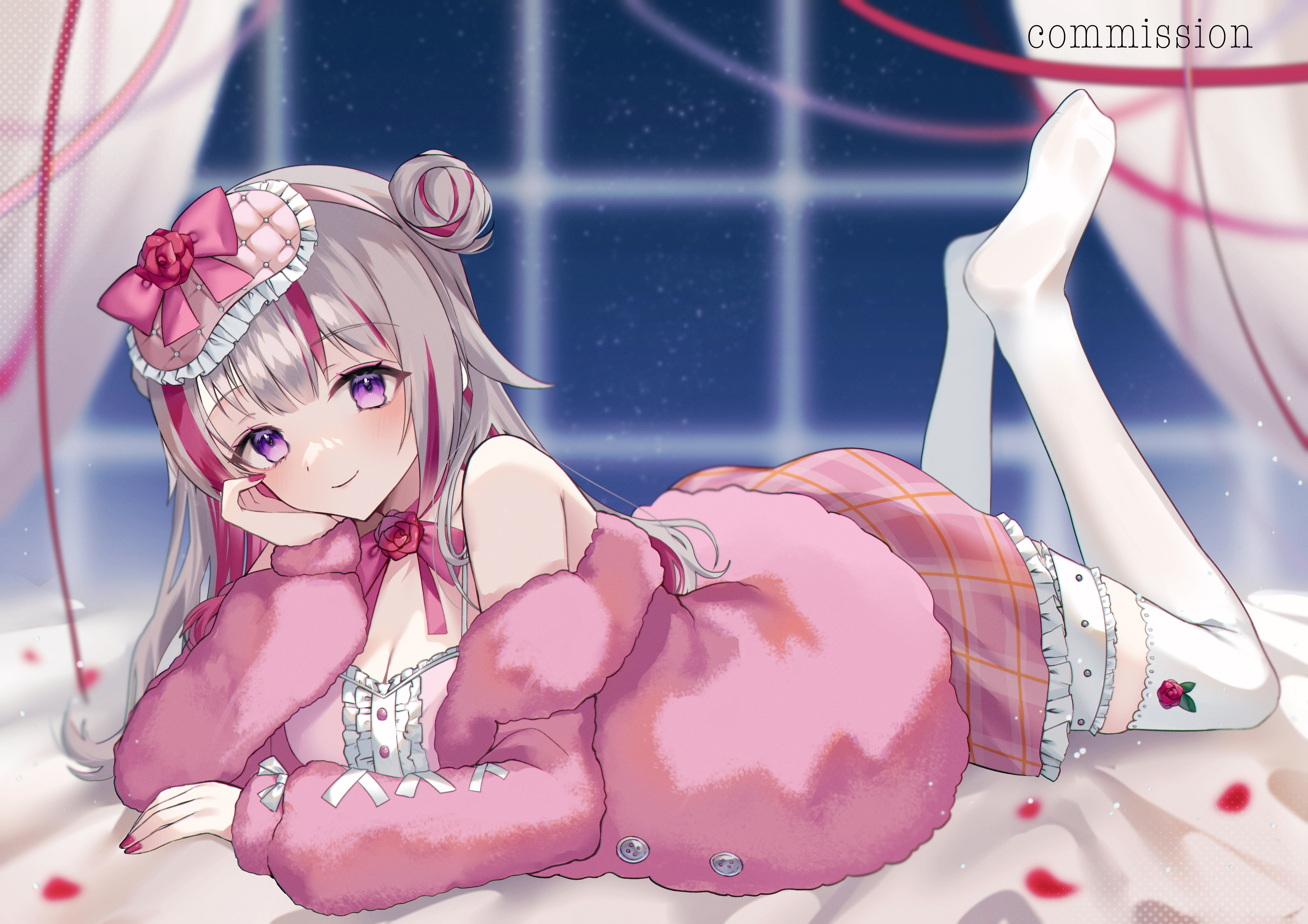 tanaka (tps9g), indie virtual youtuber, absurdres, commission, highres, skeb commission, 1girl, bare shoulders, breasts, cleavage, flower, grey hair, hair bun, hair ornament, head rest, jacket, long hair, long sleeves, looking at viewer, lying, multicolored hair, on bed, on stomach, pink hair, pink jacket, pink nails, pink skirt, plaid clothes, plaid skirt, purple eyes, red flower, skirt, solo, streaked hair, suika ako, thighhighs, two-tone hair, virtual youtuber, white thighhighs