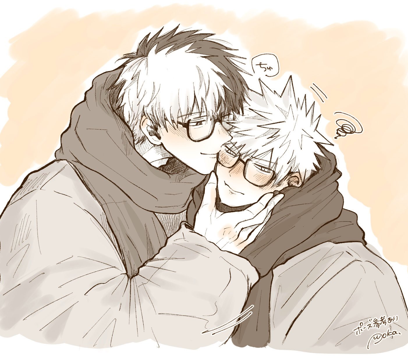 bakugou katsuki, todoroki shoto, boku no hero academia, commentary request, highres, 2boys, bespectacled, blush, closed mouth, coat, glasses, hand on another's face, kiss, long sleeves, looking to the side, male focus, multicolored hair, multiple boys, pokapoka el, scarf, short hair, signature, smile, spiked hair, split-color hair, squiggle, upper body, yaoi