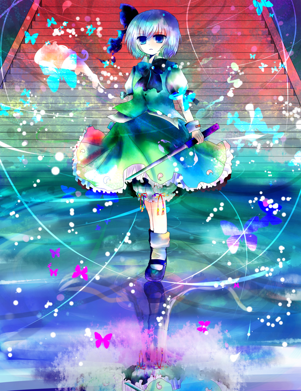kazu (muchuukai), konpaku youmu, konpaku youmu (ghost), touhou, silver hair, bad id, bad pixiv id, highres, 1girl, bloomers, blue eyes, bug, butterfly, chokuto, colorful, female focus, floating clothes, hairband, hitodama, holding, holding sword, holding weapon, insect, katana, reflection, reflective liquid, ribbon, shirasaya, short hair, solo, stairs, standing, sword, underwear, wakizashi, weapon