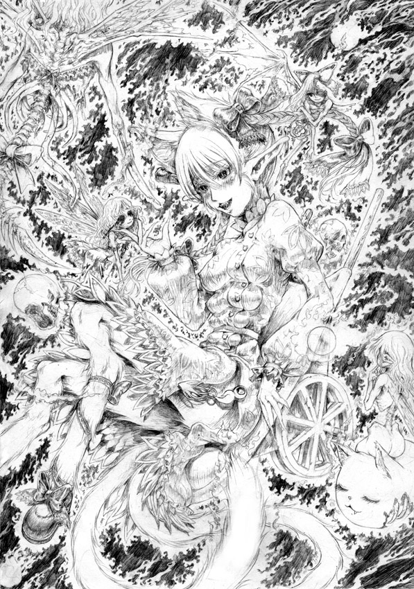 katzeh, kaenbyou rin, zombie fairy (touhou), touhou, 5girls, animal ears, braid, breasts, cat ears, cat girl, cat tail, creature, extra breasts, fairy, female focus, greyscale, hair ribbon, large breasts, monochrome, multiple girls, multiple tails, pointy ears, ribbon, skull, tail, transformation, twin braids