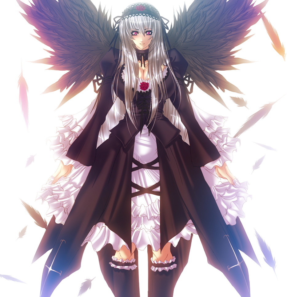 juri (shiningred), jyuri (artist), suigintou, rozen maiden, silver hair, bad id, bad pixiv id, 00s, 1girl, aged up, alternate breast size (larger), breasts, cleavage, feathers, female focus, huge breasts, kneehighs, long hair, purple eyes, socks, solo, thighhighs, wings