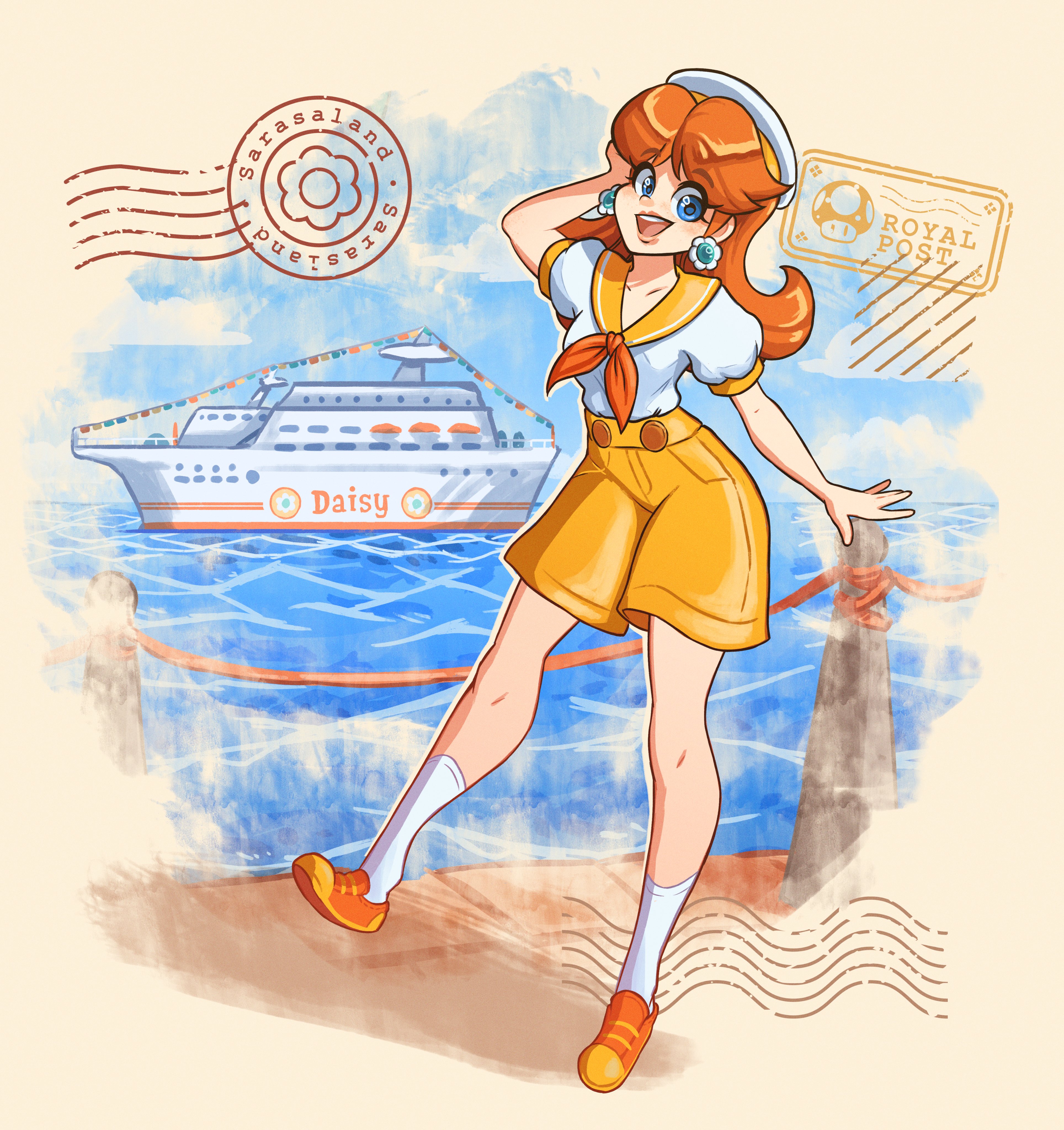 lysum, princess daisy, princess daisy (sailor), mario (series), mario kart, mario kart tour, nintendo, absurdres, highres, 1girl, blue eyes, brown hair, cruise ship, earrings, flower earrings, hat, jewelry, long hair, ocean, open mouth, orange shoes, orange shorts, sailor hat, shoes, shorts, smile, socks, white socks