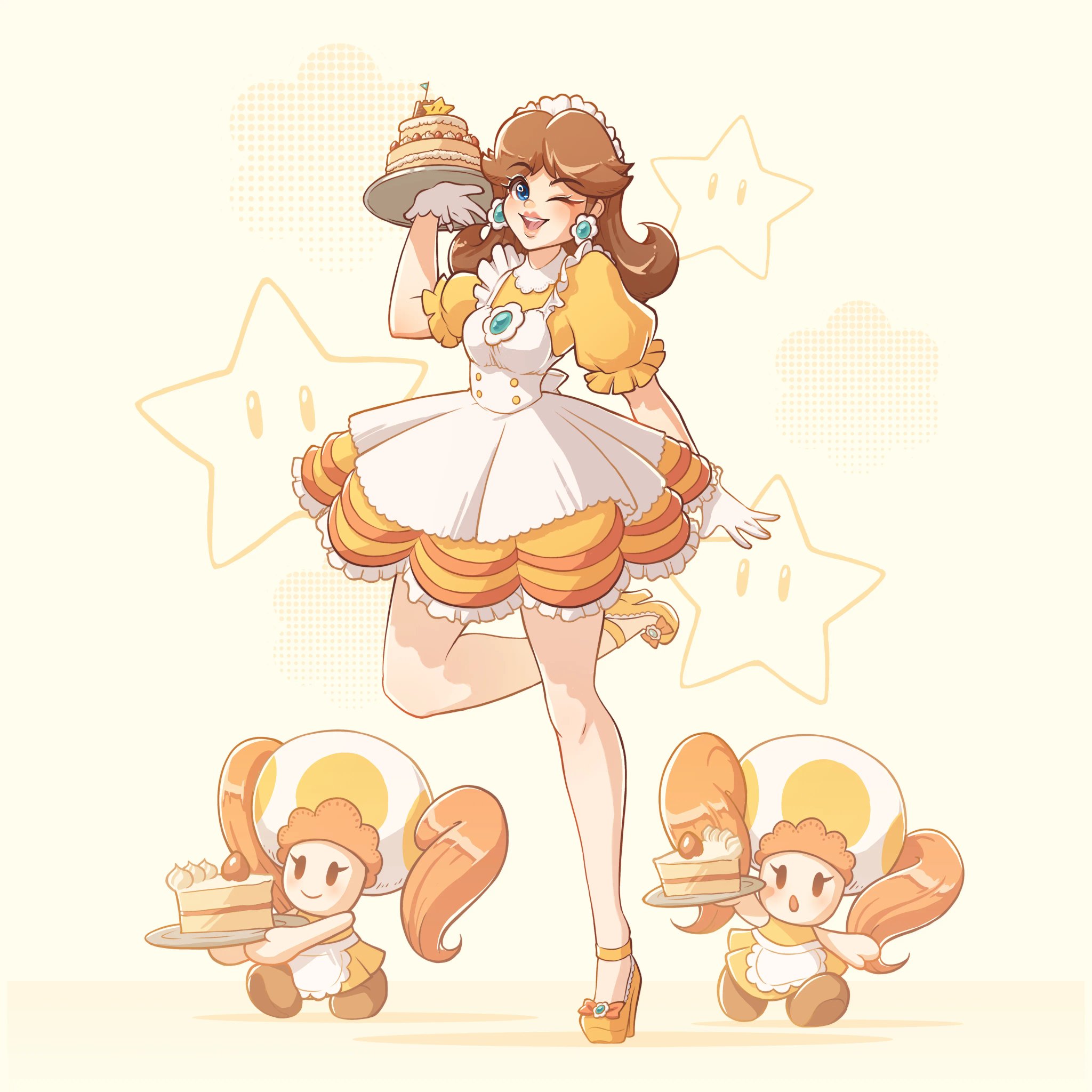 lysum, princess daisy, super star (mario), mario (series), nintendo, highres, 3girls, apron, black eyes, brown hair, cake, cake slice, dress, earrings, flower earrings, food, gloves, high heels, jewelry, long hair, multiple girls, one eye closed, orange dress, orange shoes, shoes, smile, twintails, white apron, white gloves