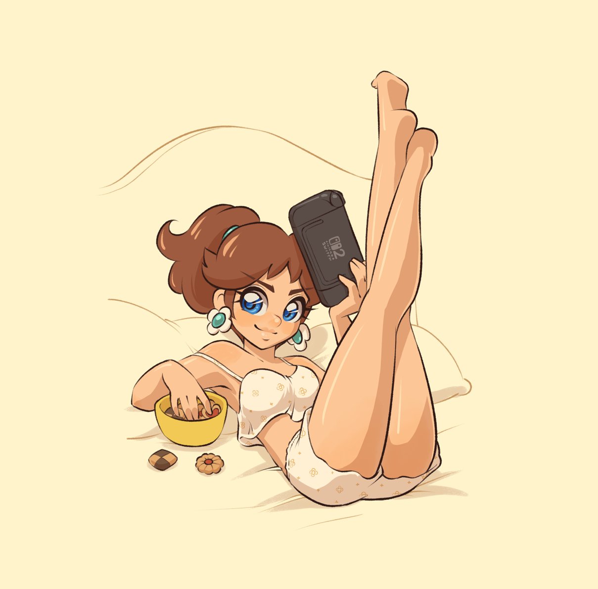 lysum, princess daisy, mario (series), nintendo, 1girl, bowl, brown hair, cookie, earrings, flower earrings, food, jewelry, legs up, long hair, looking at viewer, lying, midriff, nintendo switch 2, on back, ponytail, simple background, sleepwear